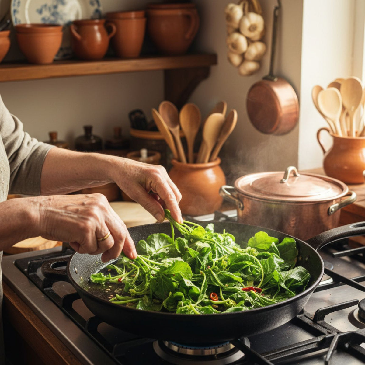 Nonna che cucina le cime di rapa fresche raccolte a mano in Molise con l'aggiunta di peperoncino sott'olio artigianale.