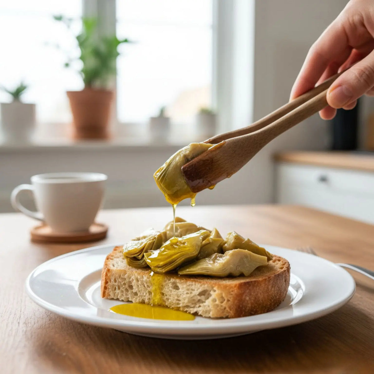aperitivo con bruschette di pane artigianale e carciofini interi conservati in olio extravergine di oliva realizzati artigianalmente in Italia da mani esperte