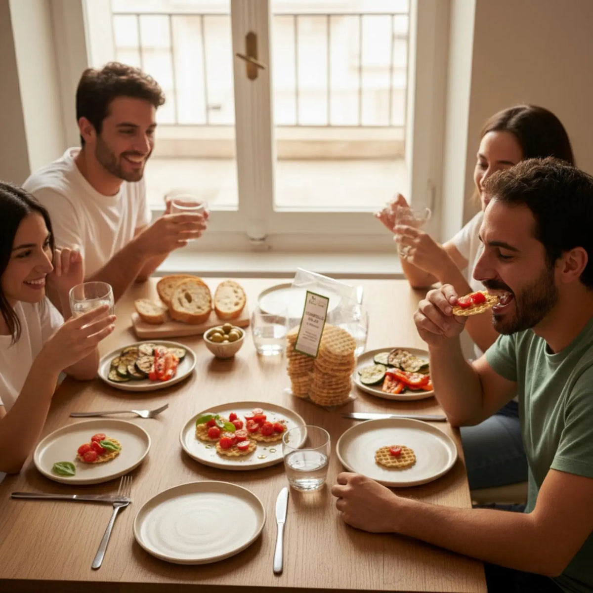 aperitivo con amici e ferratelle salate al sesamo realizzate artigianalmente in Molise da un produttore locale. 