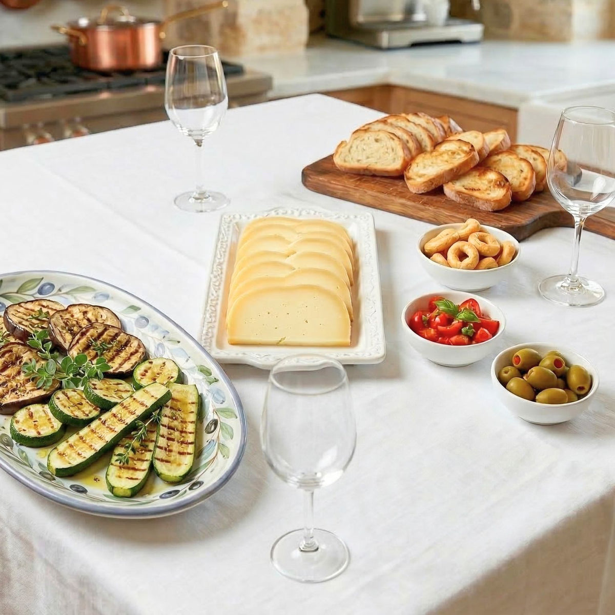 aperitivo gustoso con fette di caciocavallo molisano artigianale, bruschette di pane abbrustolito, verdure grigliate, taralli, olive verdi e pomodorini.