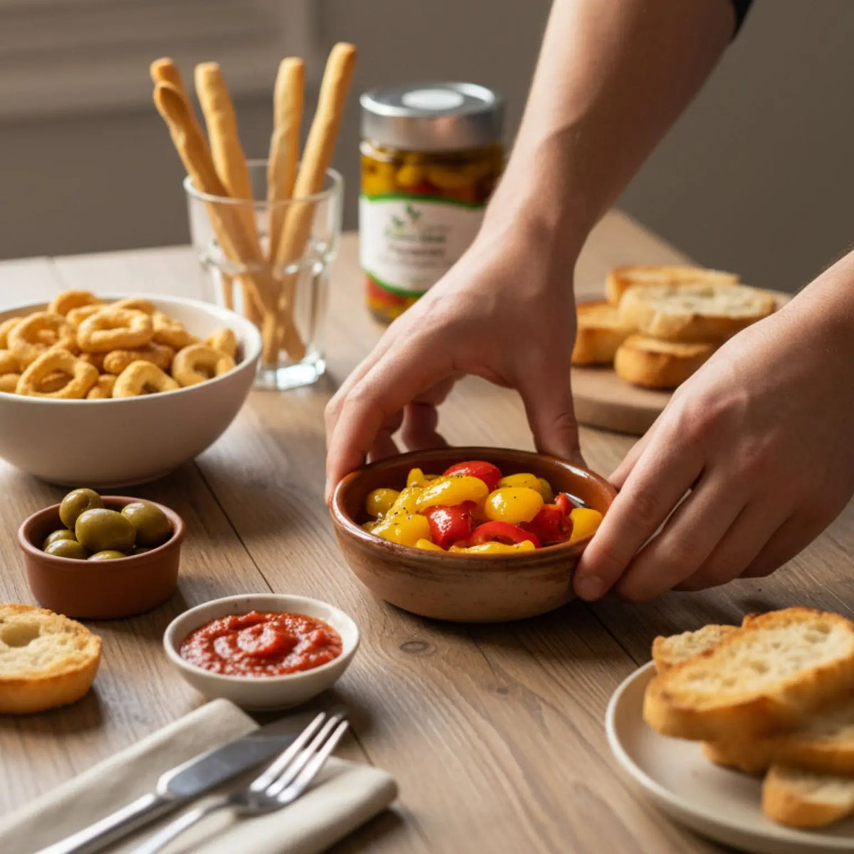 aperitivo con peperoni in olio extravergine di oliva, grissini, olive e taralli