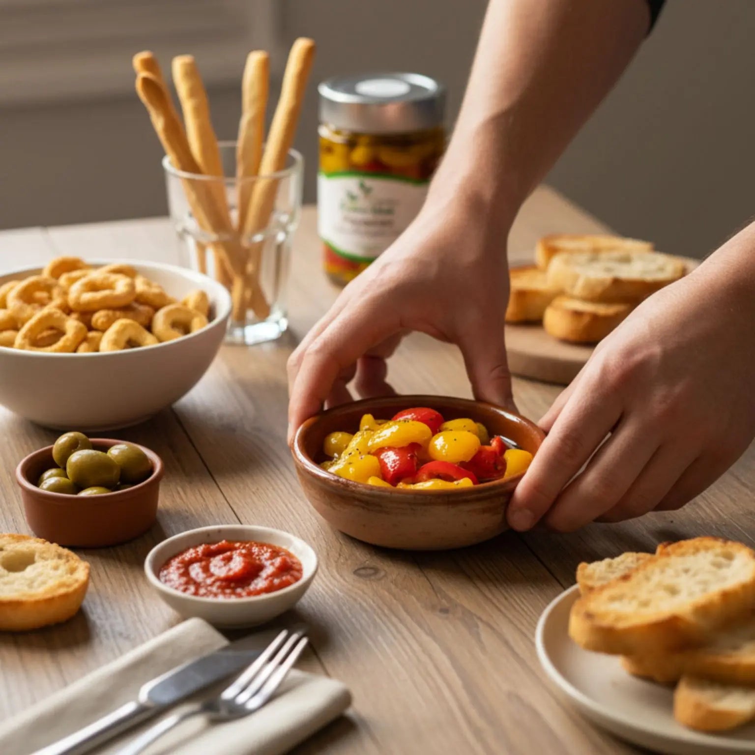 aperitivo con peperoni in olio extravergine di oliva, grissini, olive e taralli