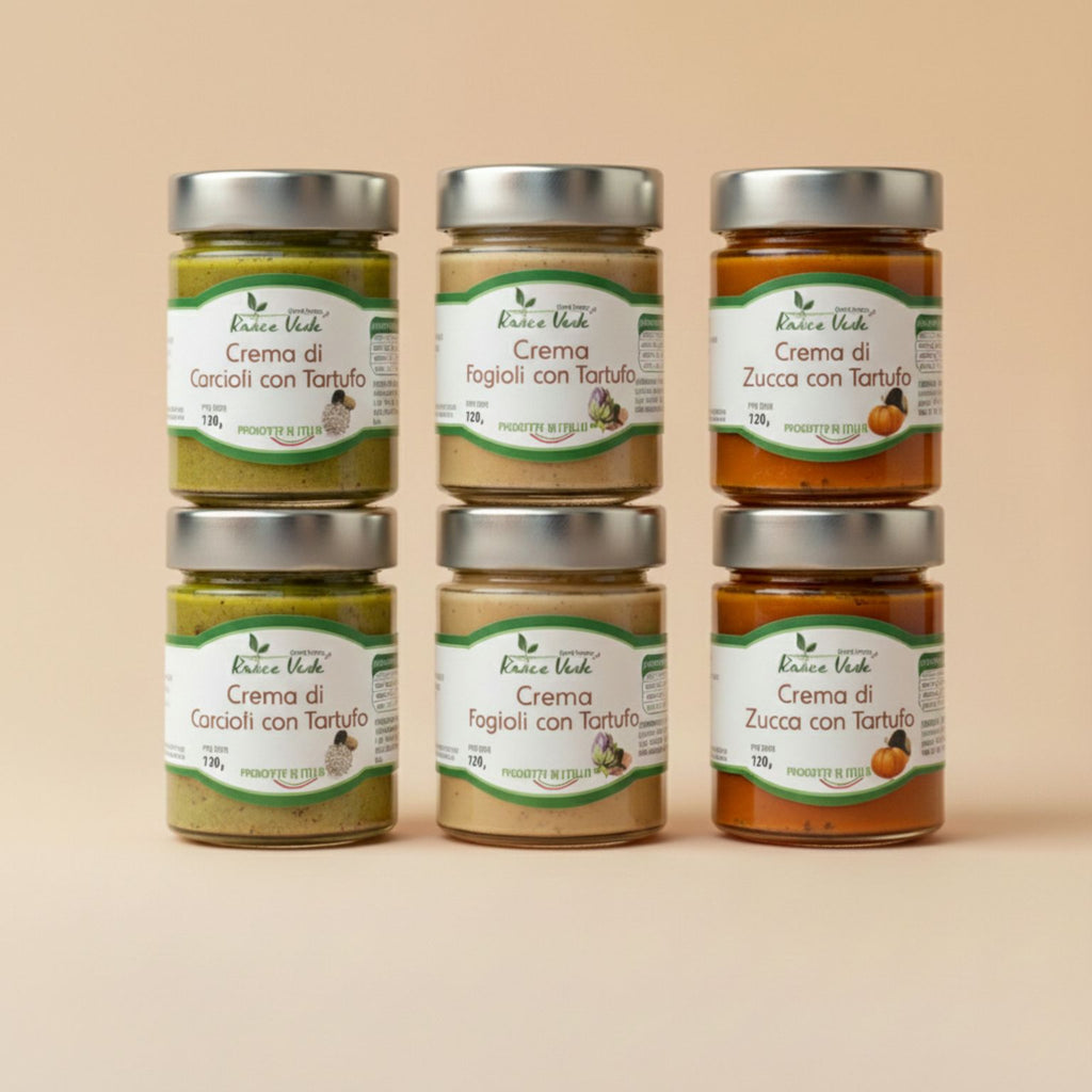 Box di creme con tartufo in vetro. Due confezioni di crema di carciofi e tartufo, due confezioni di crema di fagioli e tartufo, due confezioni di crema con zucca e tartufo