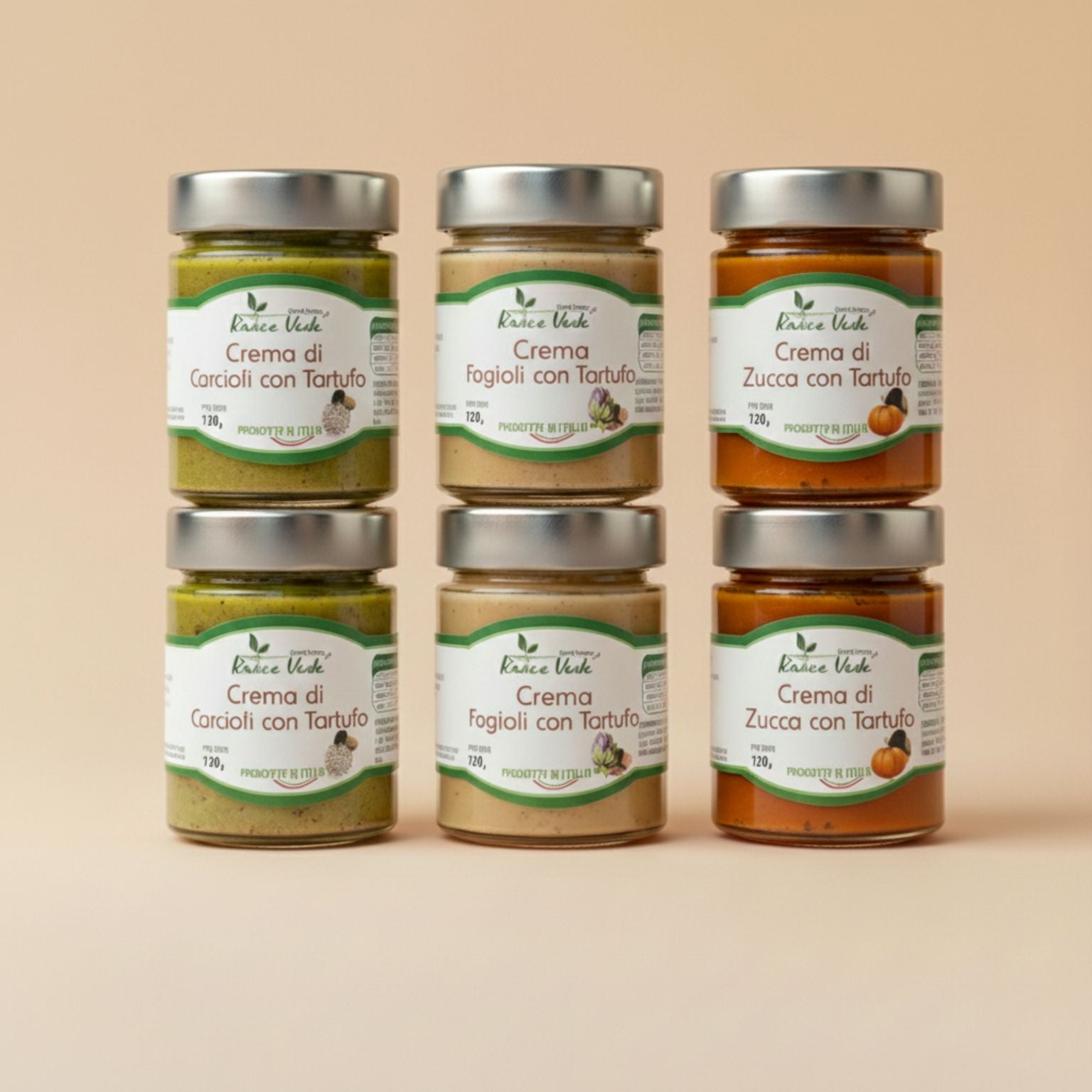 Box di creme con tartufo in vetro. Due confezioni di crema di carciofi e tartufo, due confezioni di crema di fagioli e tartufo, due confezioni di crema con zucca e tartufo