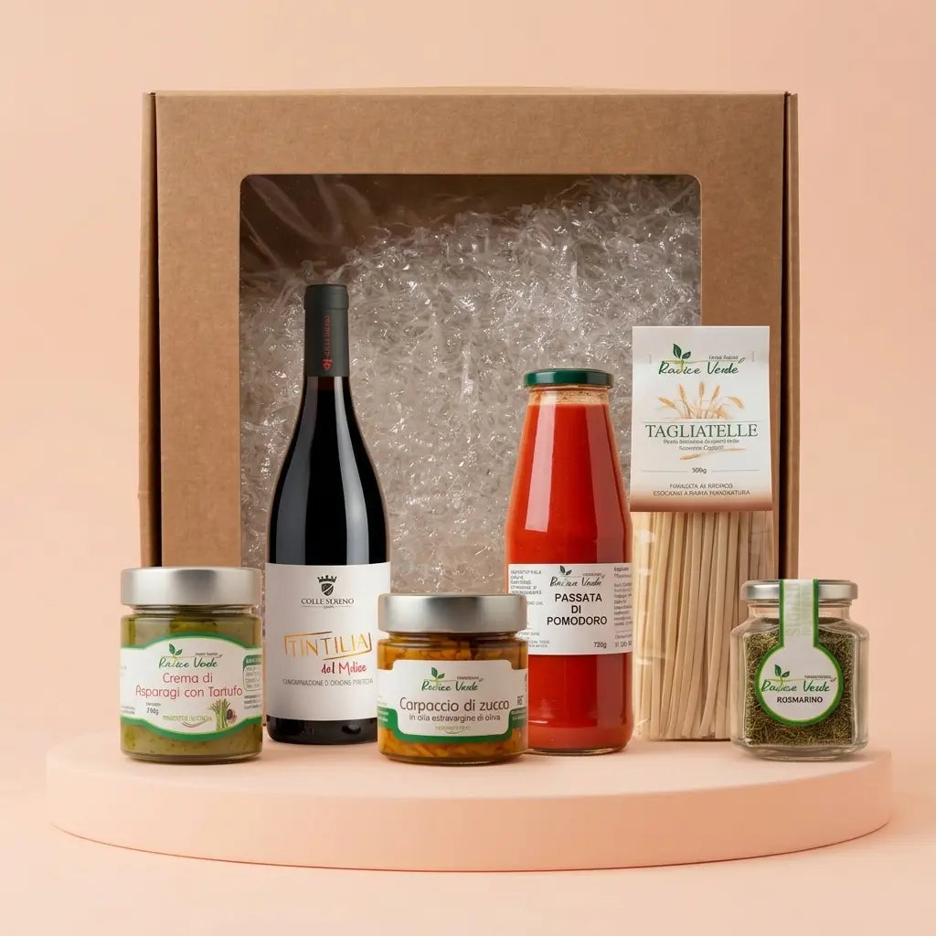 La nostra Box Gourmet è pensata per farti gustare una selezione di prodotti realizzati artigianalmente nel cuore del Molise da un'azienda agricola che rispetta i ritmi della natura e la stagionalità delle materie prime.
Contiene rosmarino essiccato, passata di pomodoro artigianale e senza conservanti, tagliatelle artigianali trafilate al bronzo ed essiccate a basse temperature, carpaccio di zucca, crema di asparagi e tartufo nero estivo molisano, vino tintilia DOC bio.