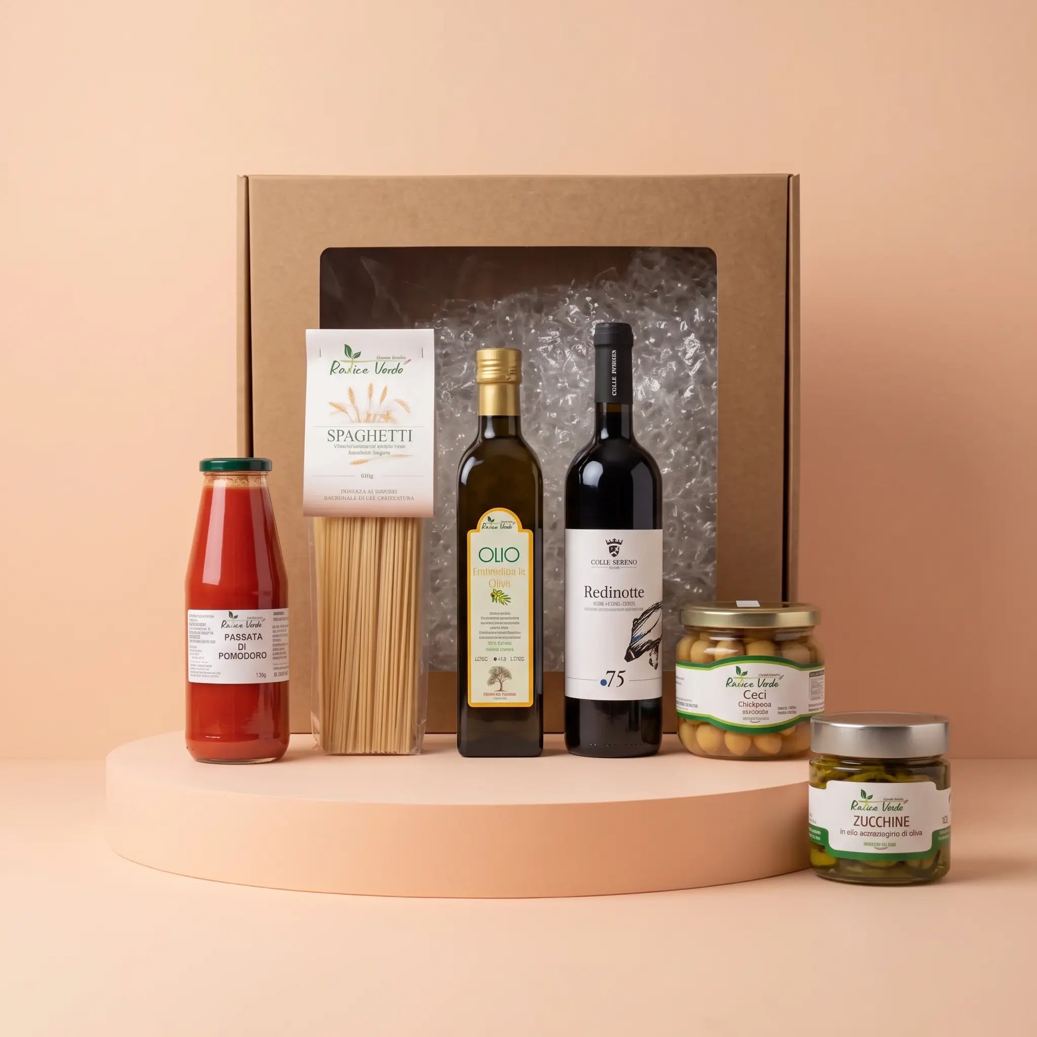 La nostra Box Rustica è pensata per farti provare alcuni dei nostri prodotti realizzati artigianalmente nel cuore del Molise da un'azienda agricola che rispetta i ritmi della natura e la stagionalità delle materie prime. Nella box troverai: passata di pomodoro artigianale senza conservanti 400g, Olio Extravergine di oliva 100% molisano 500ml, ceci al naturale 300g, spaghetti di grano senatore cappelli 500g, vino rosso redinotte 75cl e zucchine in olio EVO 190g