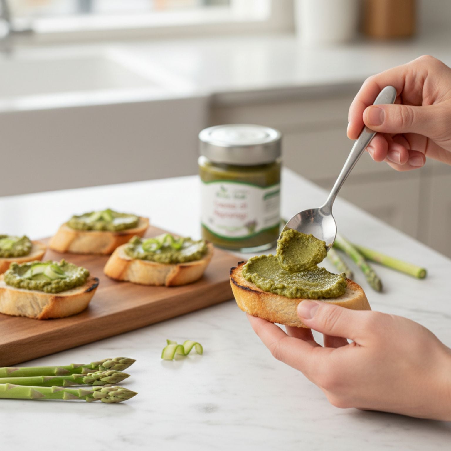 Bruschette di pane artigianale con crema di aspragi realizzata artigianalmente in Molise