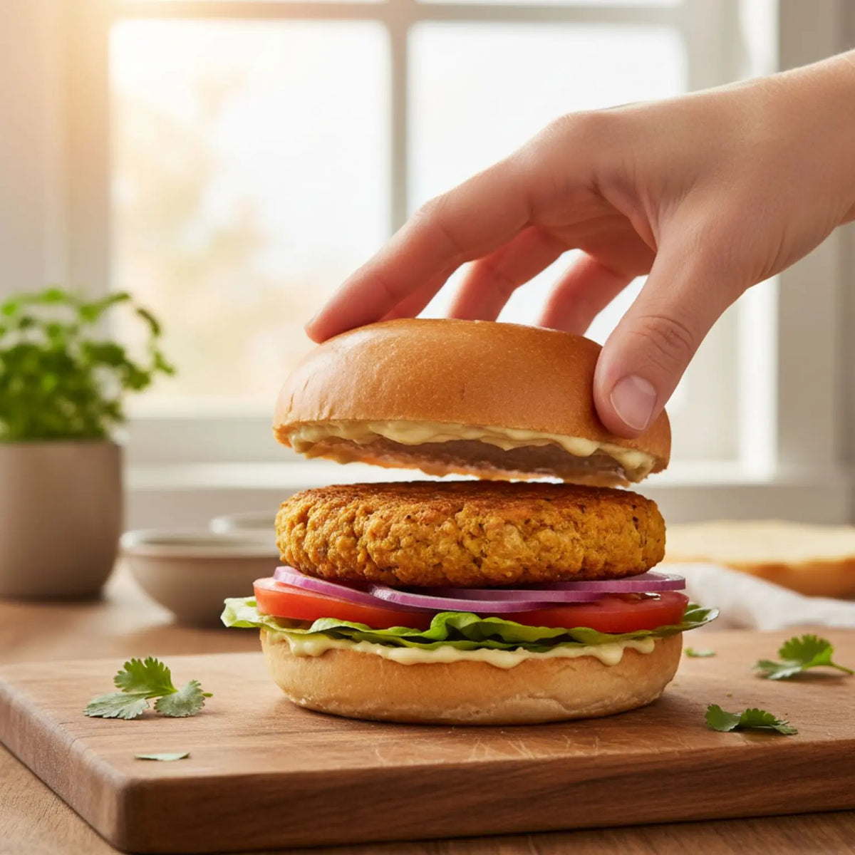 hamburger vegetale di ceci, formaggio vegetale, insalata, pomodori e cipolla