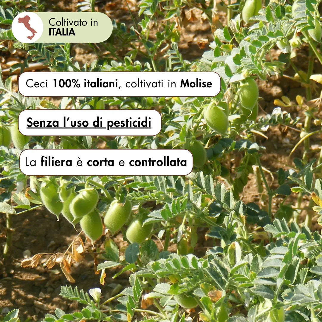 farina di ceci realizzata con ceci 100% italiani, coltivati senza l'uso di pesticidi e raccolti in Molise. La filiera è corta e controllata
