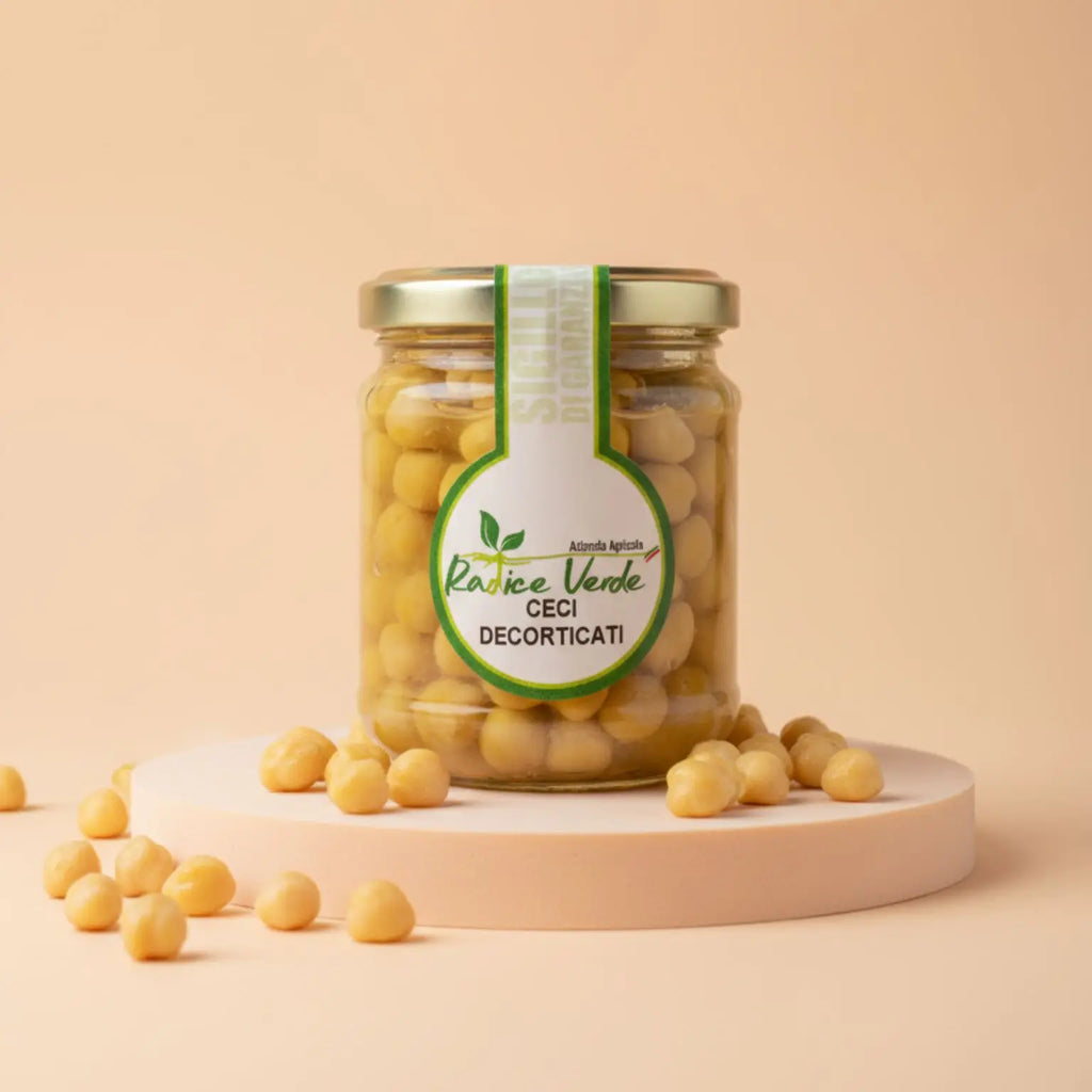 ceci decorticati al naturale in vetro coltivati in Molise senza conservanti. Facilmente digeribili e perfetti per la tua alimentazione sana 