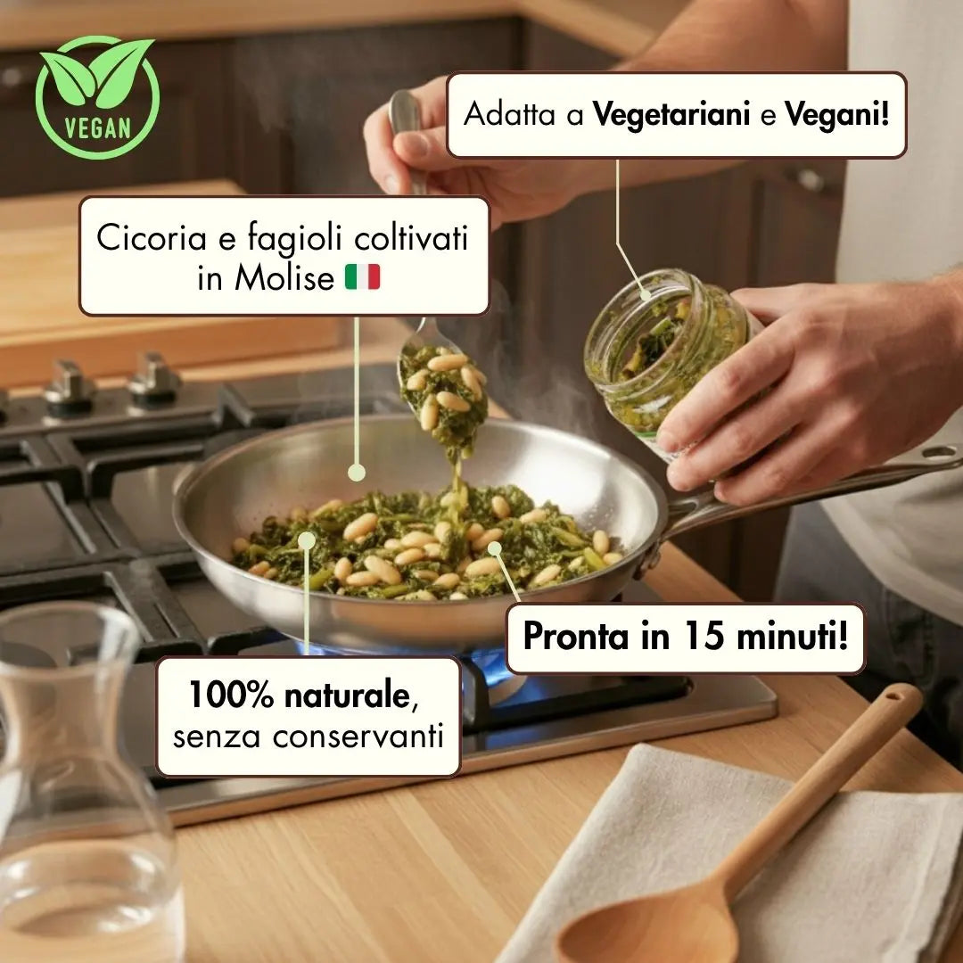 cicoria e fagioli piattelle adatto a vegani e vegetariani, realizzato con ingredienti coltivati e raccolti in Molise