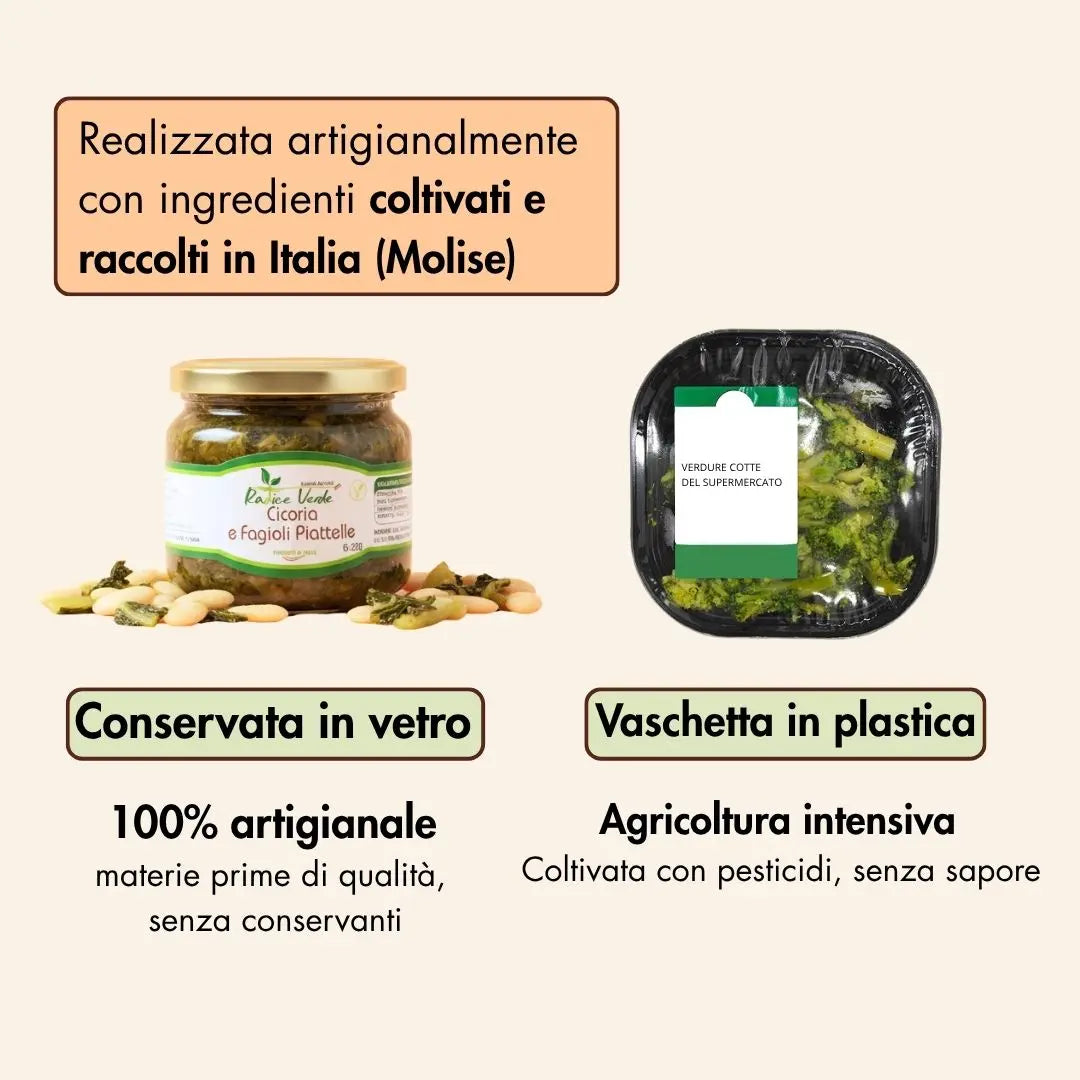 cicoria e fagioli piattelle piatto pronto conservato in vetro, 100% naturale e senza conservanti
