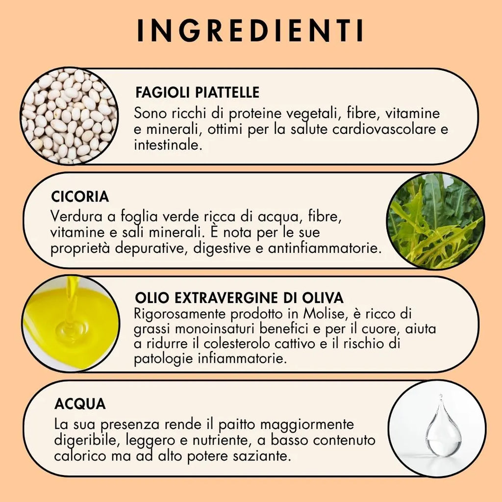 cicoria e fagioli piattelle realizzato con cicoria, fagioli piattelle, acqua, olio extravergine di oliva, sale, aromi naturali, carote, sedano, cipolla