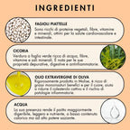 cicoria e fagioli piattelle realizzato con cicoria, fagioli piattelle, acqua, olio extravergine di oliva, sale, aromi naturali, carote, sedano, cipolla
