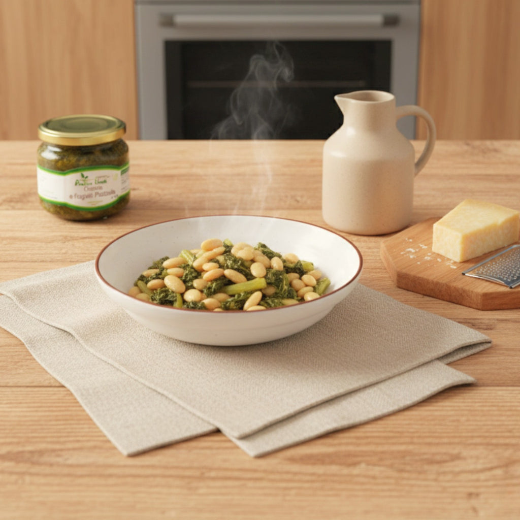 Piatto pronto di cicoria e fagioli piattelle da gustare con una spolverata di formaggio vegetale