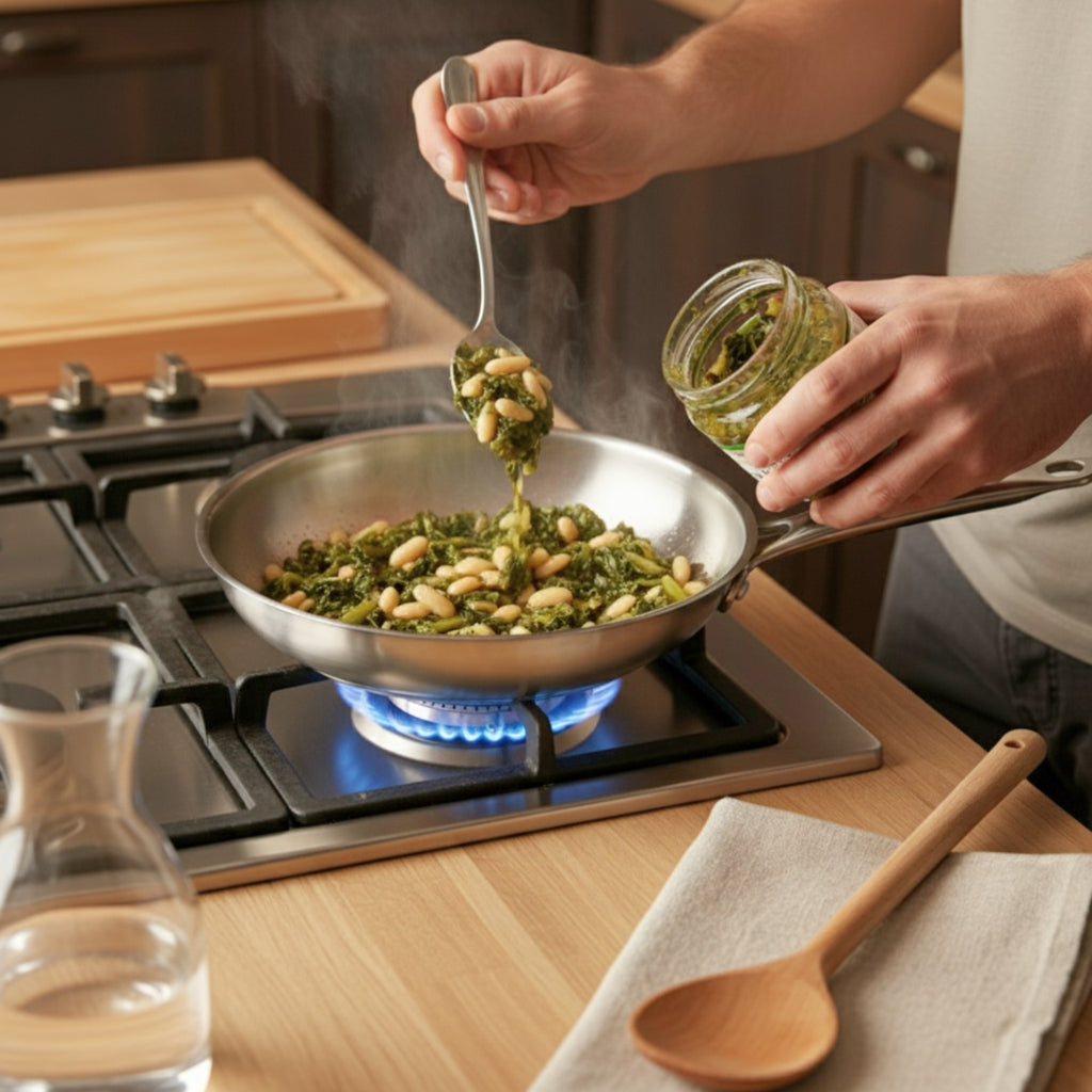 Cicoria e fagioli piattelle in padella, piatto tradizionale del Molise pronto in 15 minuti