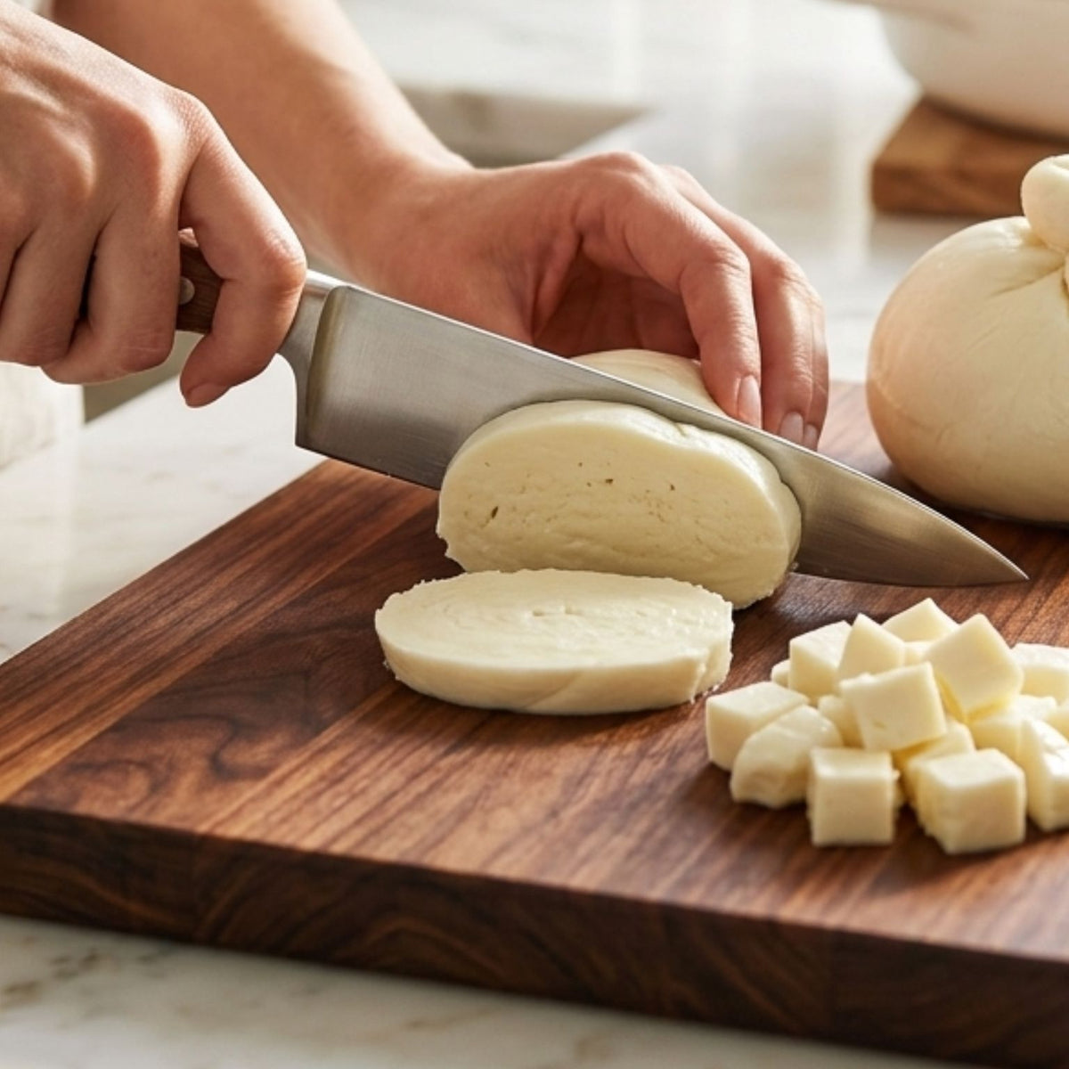 mozzarella artigianale senza lattosio tagliata a cubetti