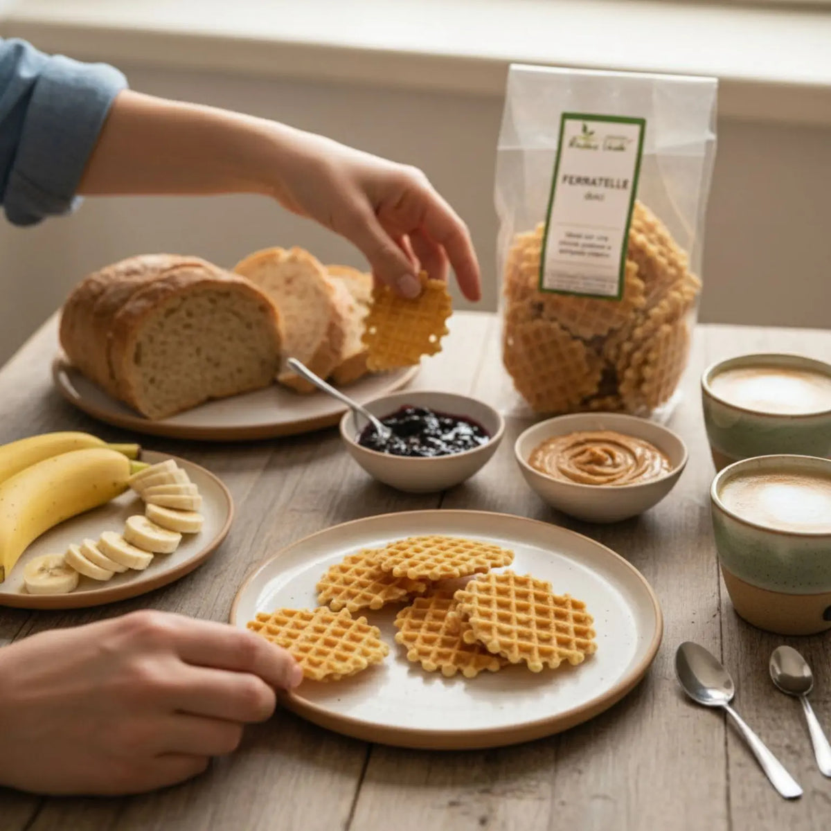 colazione con ferratelle dolci artigianali, frutta fresca, confettura di amarene e burro di arachidi. 