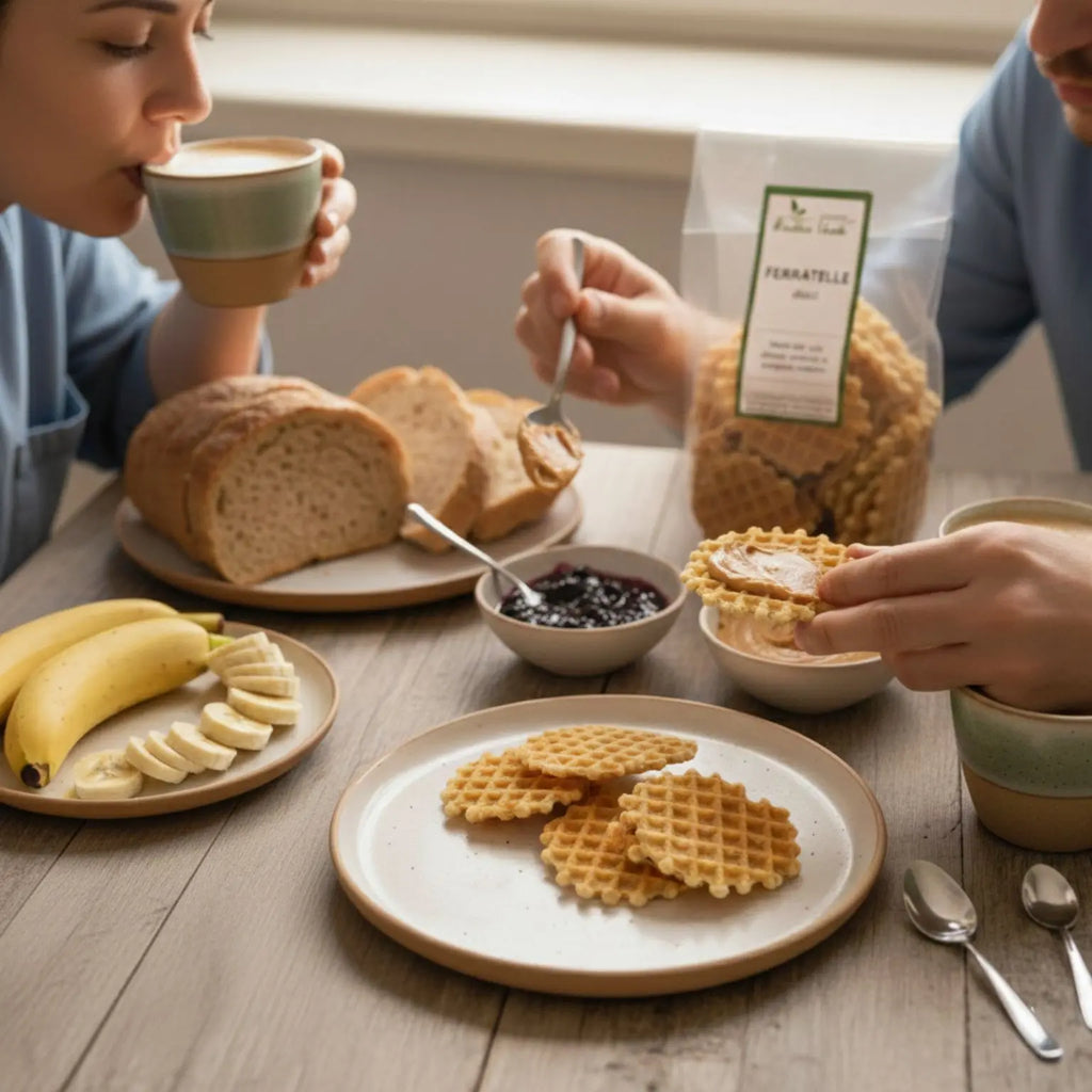 colazione con ferratelle dolci realizzate artigianalmente in Molise da un prodouttore locale, confettura di amarene artigianale, burro di arachidi artigianale. 