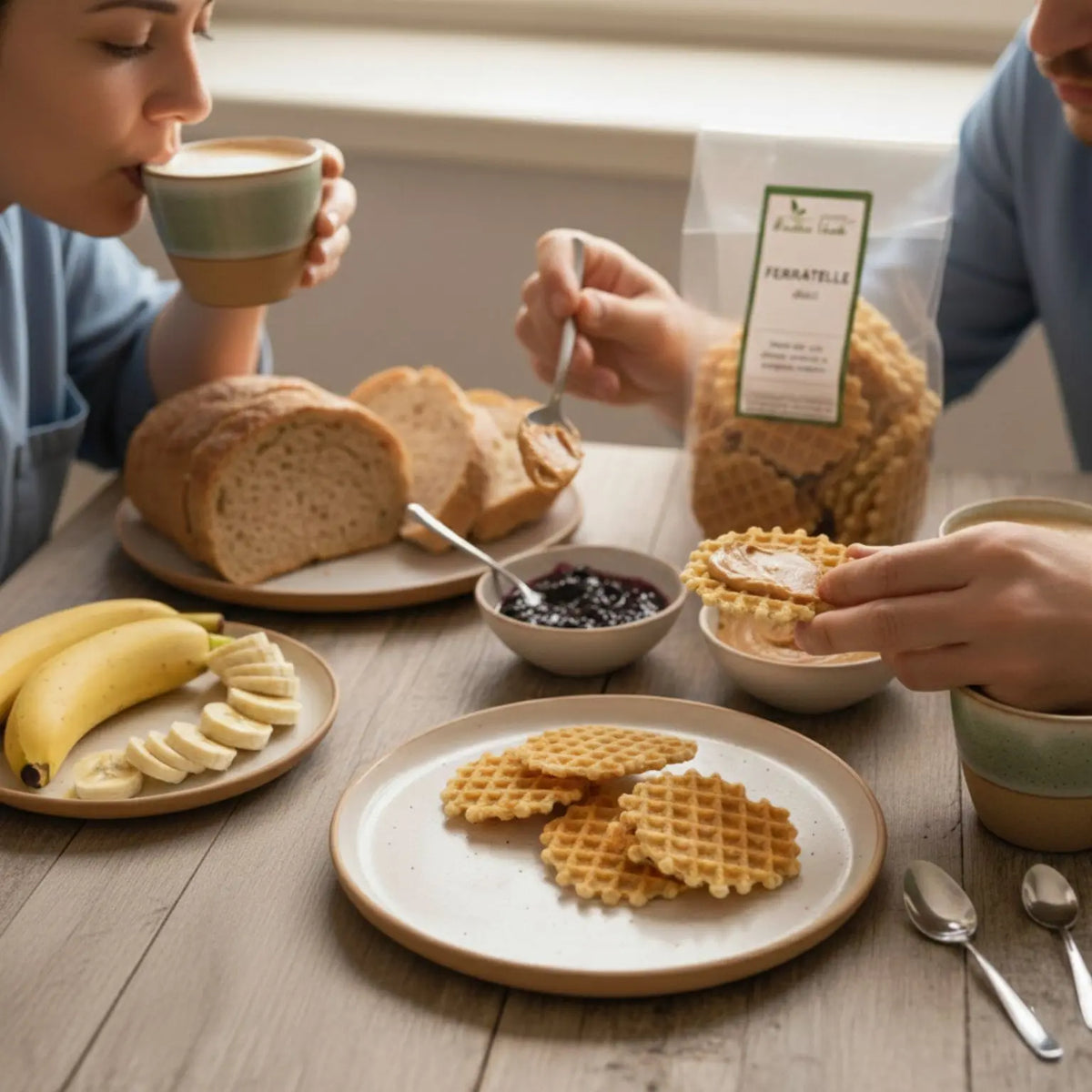 colazione con ferratelle dolci realizzate artigianalmente in Molise da un prodouttore locale, confettura di amarene artigianale, burro di arachidi artigianale. 