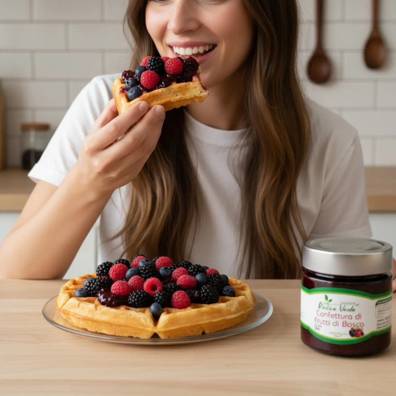 waffle realizzati con farina di ceci e gustati con confettura di frutti di bosco artigianale, more, lamponi e mirtilli