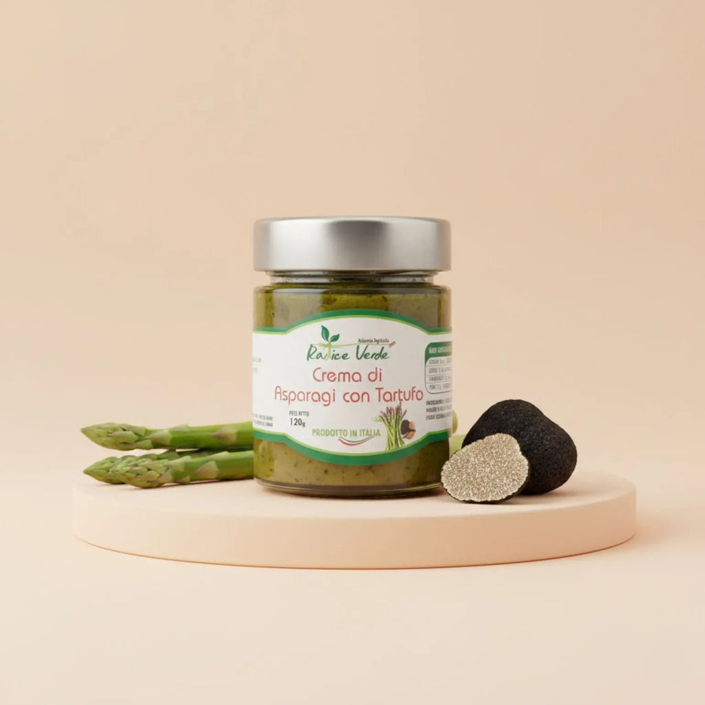 Crema di Asparagi artigianale con Tartufo Nero estivo realizzata da un produttore locale nel cuore del Molise. Formato 120g