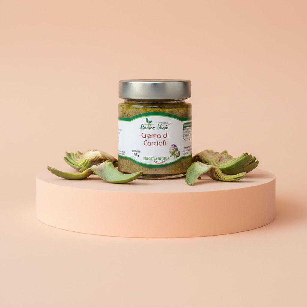crema di carciofi spalmabile in vetro, realizzata artigianalmente in Italia senza l'utilizzo di conservanti