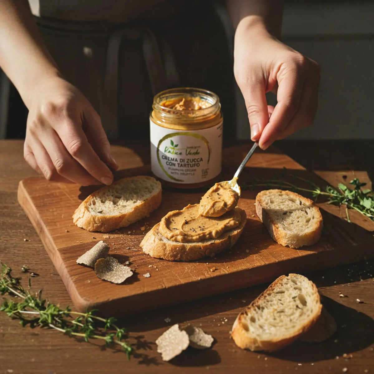 crostoni con crema di zucca e tartufo nero spalmabile