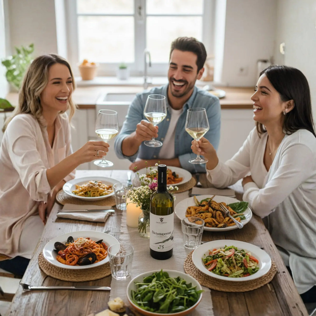 pranzo tra amici con vino bianco falanghina igp diciottopenne prodotto in Molise