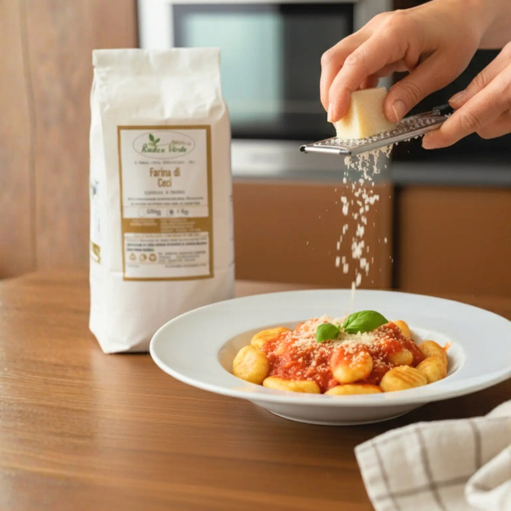gnocchi fatti in casa con farina di ceci di qualità e conditi con passata di pomodoro artigianale e formaggio vegetale