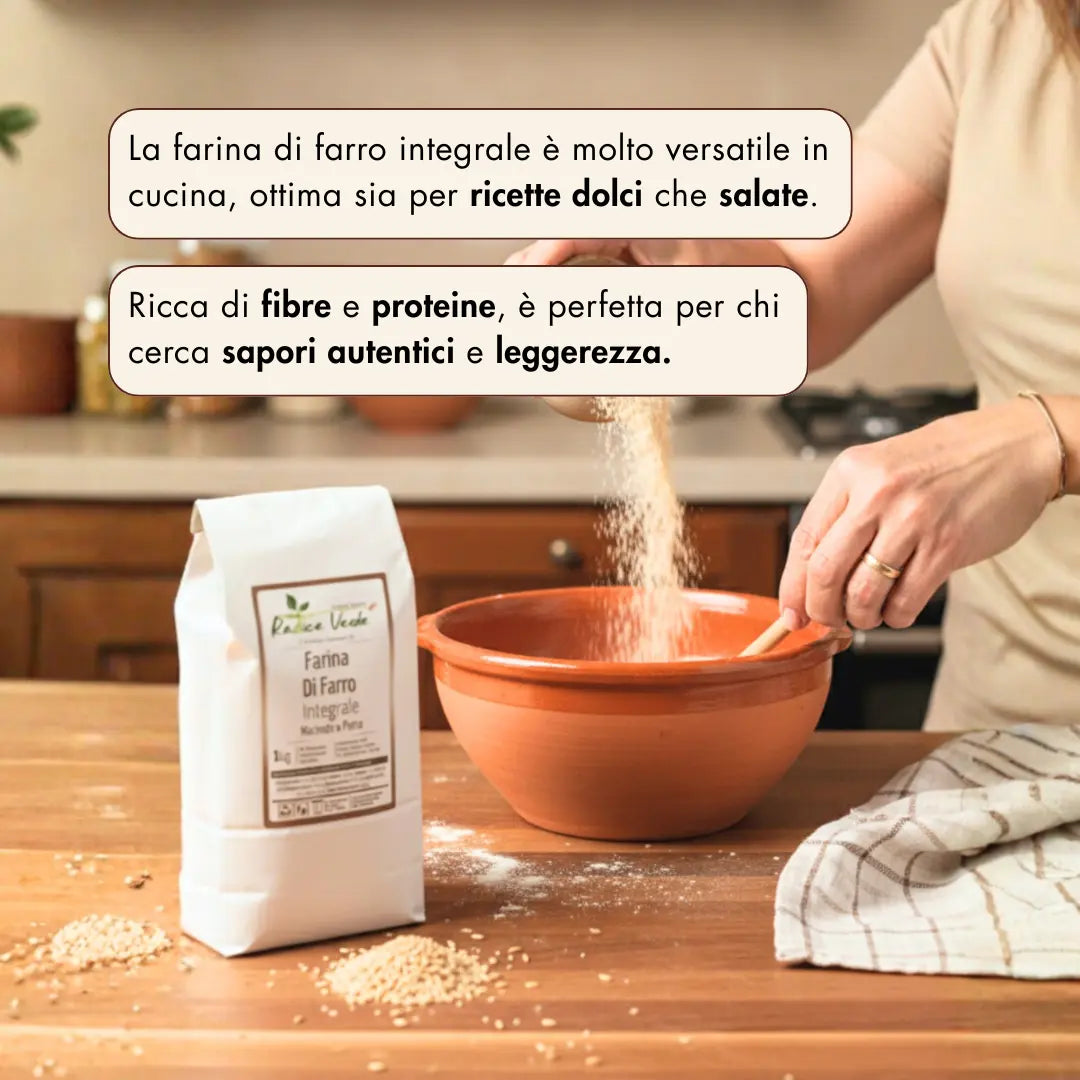 la farina di farro integrale è molto versatile in cucina, ottima sia per ricette dolci che salate. È ricca di fibre, proteine e perfetta per chi cerca sapori autentici e leggerezza.