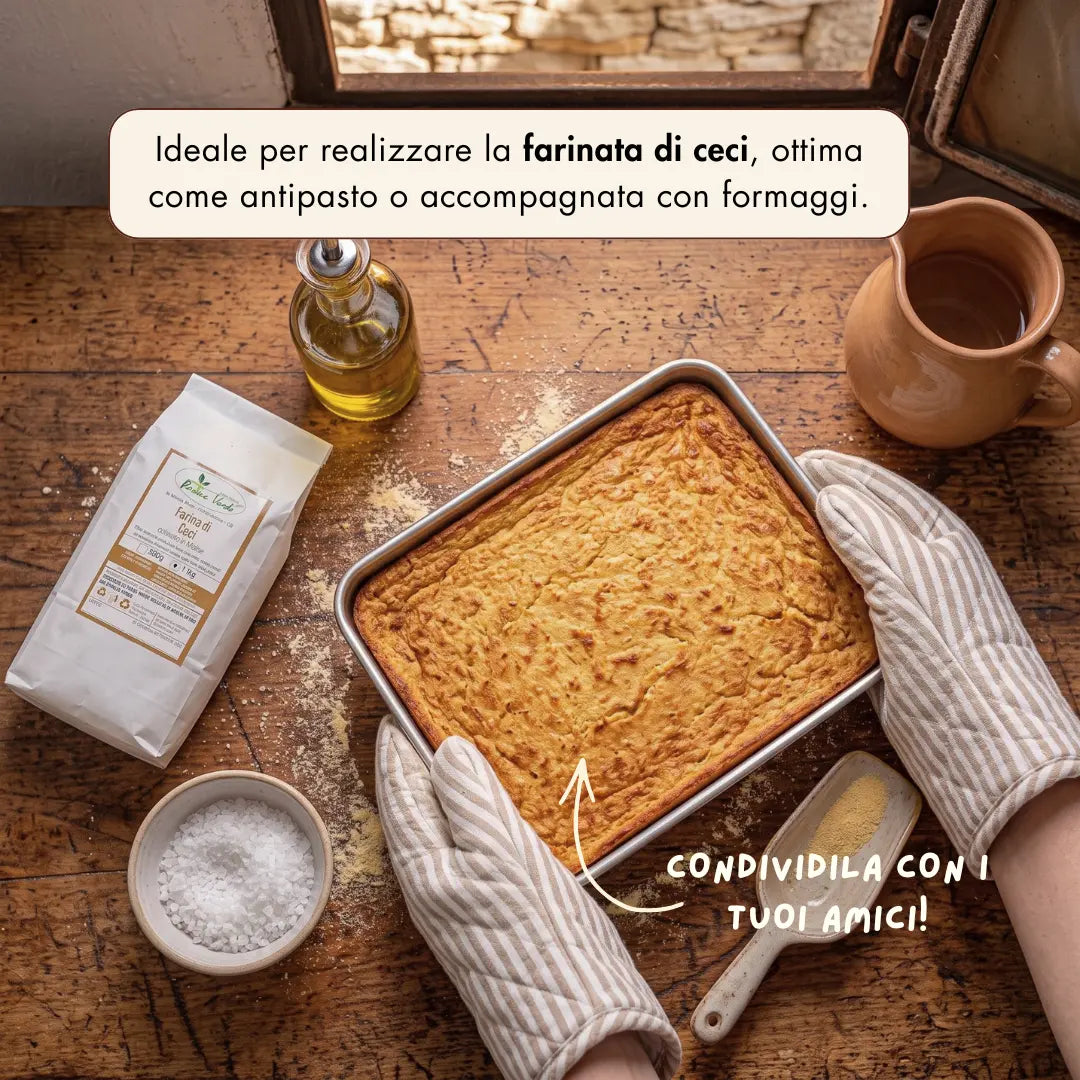 la nostra farina di ceci artigianale e di qualità è ideale per realizzare la farinata di ceci, ottima come antipasto o accompagnata da formaggi. È un'ottima soluzione per preparare un aperitivo facile, veloce e sano da condividere con i tuoi amici.