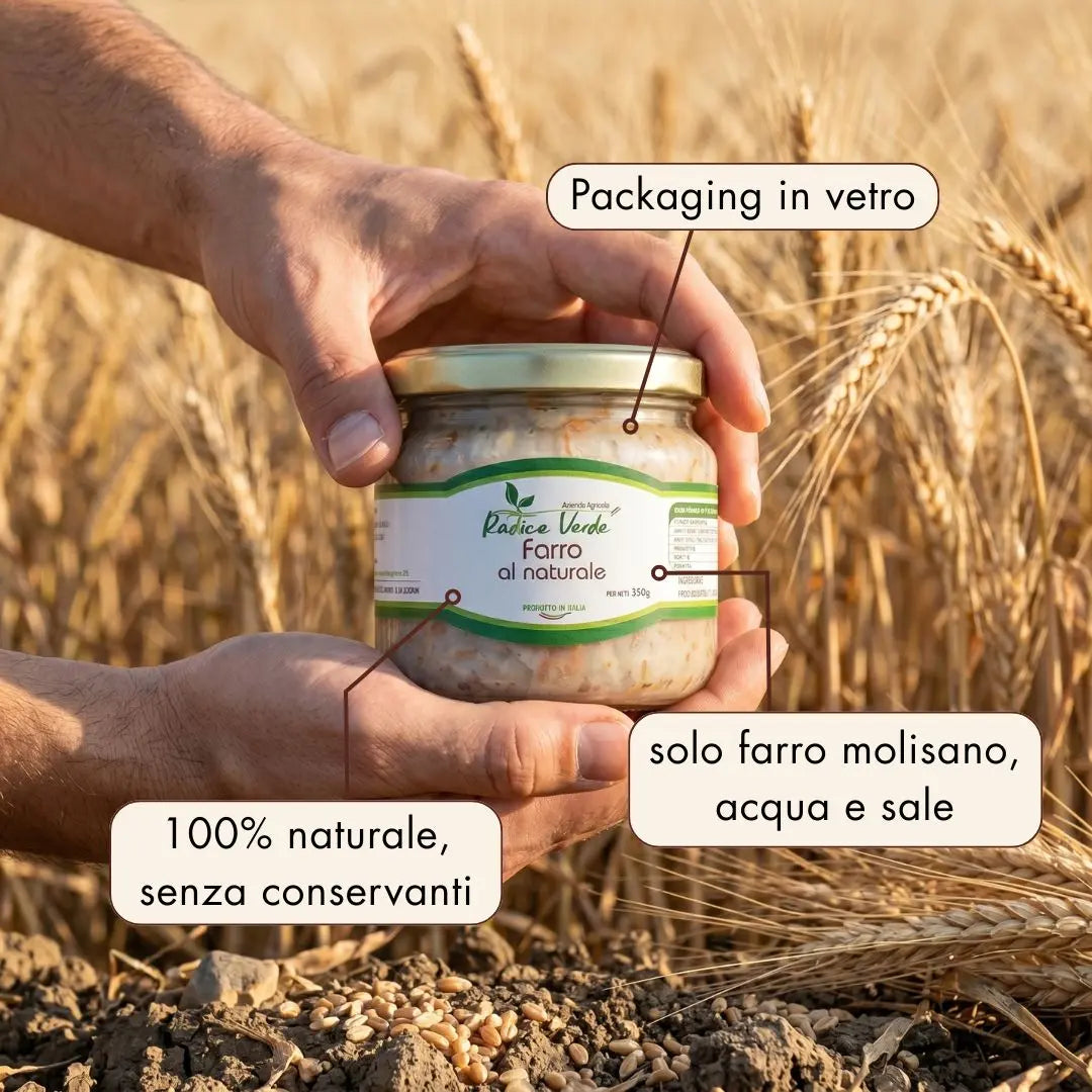 farro al naturale in vetro, senza conservanti, solo con farro molisano, acqua e sale