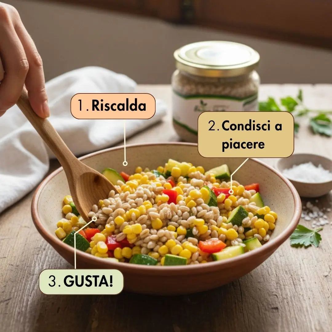 Farro al naturale da utilizzare in 3 step:
1. Riscalda
2. condisci a piacere
3. gusta!