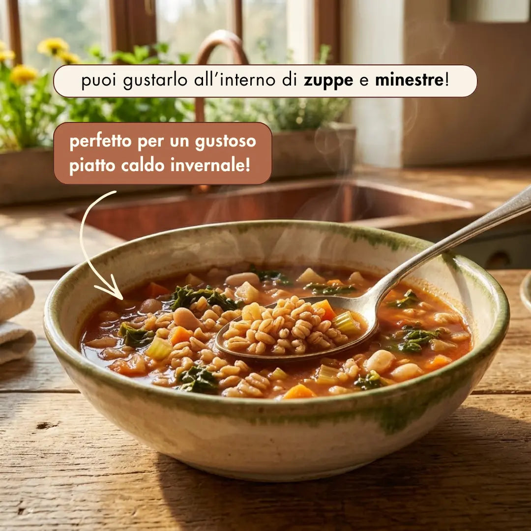 farro semiperlato perfetto per zuppe e minestre, da gustare come piatto caldo e invernale.