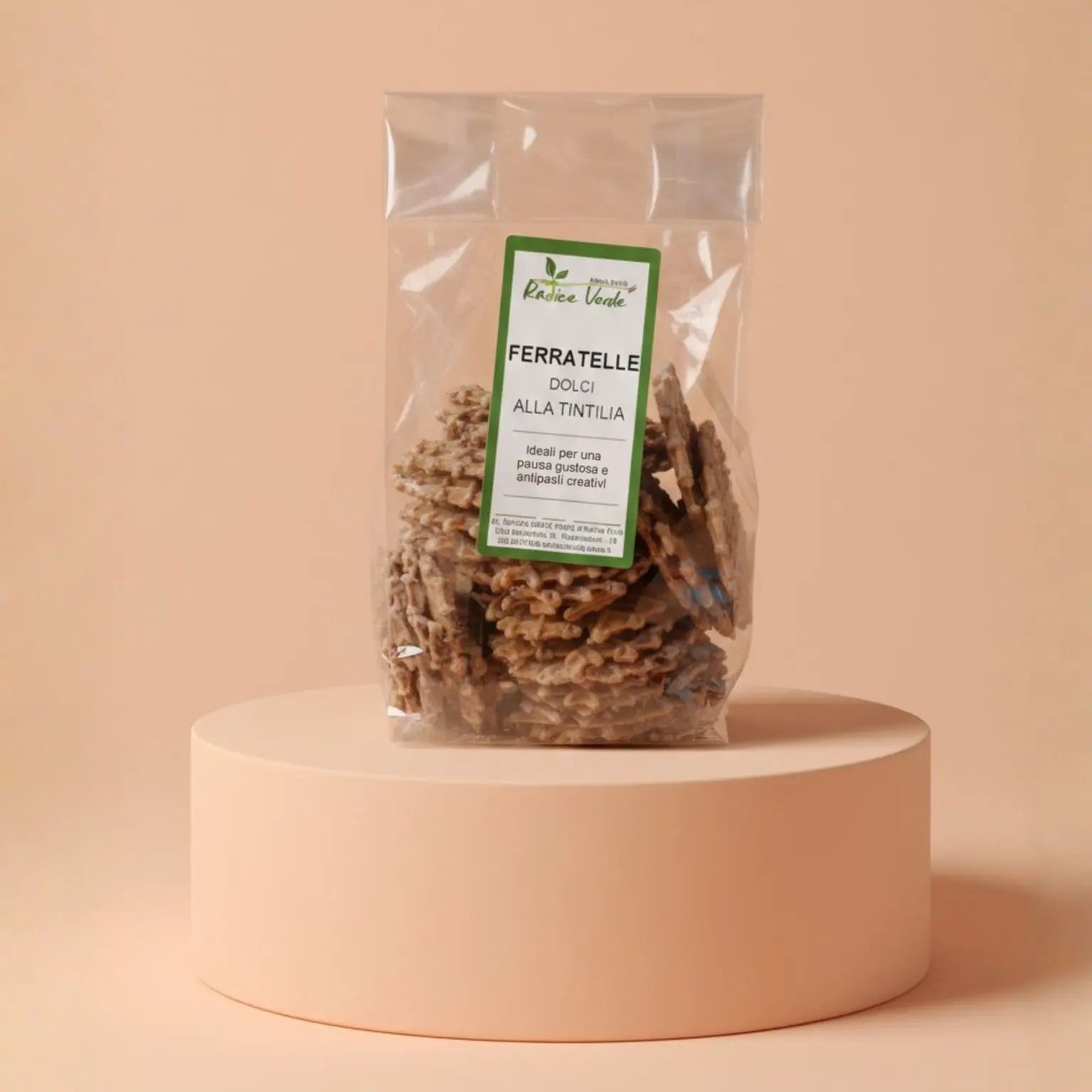 pacco di ferratelle dolci alla tintilia realizzate artigianalmente da un produttore locale in Molise. Ingredienti: farina di frumento 00, zucchero, olio di semi di girasole altoleico, vino Tintilia del Molise 20%, contiene solfiti). Prodotto soggetto a calo peso naturale -5%. Si possono trovare tracce di glutine, uova, frutta, latte e derivati.