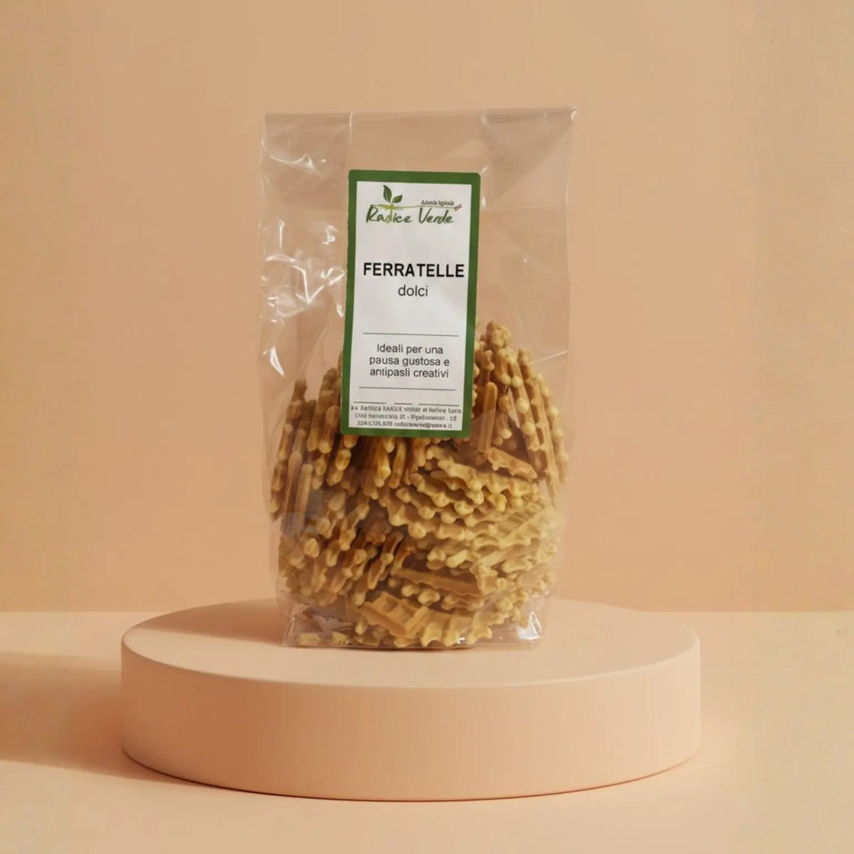 pacco di ferratelle dolci realizzate artigianalmente in Molise da un produttore locale. Ingredienti: farina di frumeno 00, zucchero, uova fresche pastorizzate, olio di semi di girasole altoleico, aroma limone.
Prodotto soggetto a calo peso naturale -5%. Si possono trovare tracce di glutine, uova, frutta, latte e derivati.