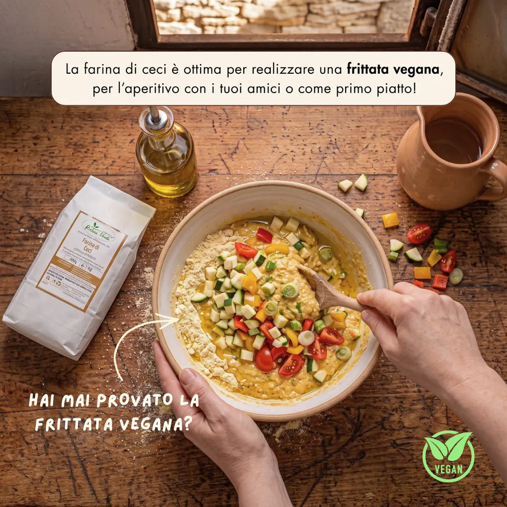 La nostra farina di ceci artigianale è perfetta per realizzare una frittata vegana da portare ad un aperitivo con gli amici o da gustare come primo piatto!