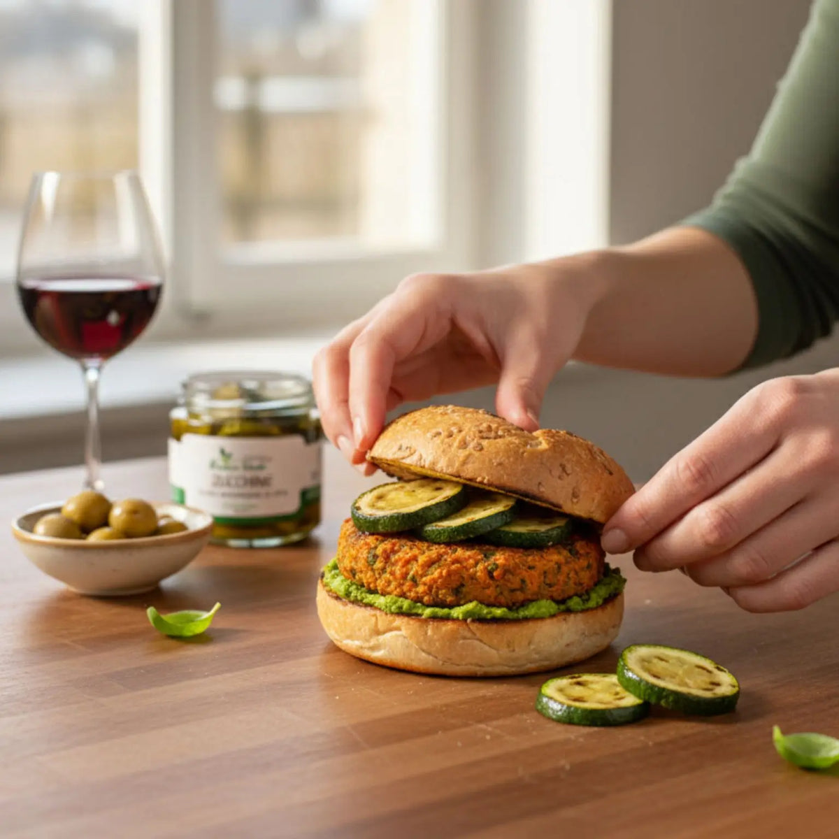 hamburger vegetale con crema di avocado e zucchine in olio evo realizzate artigianalmente 