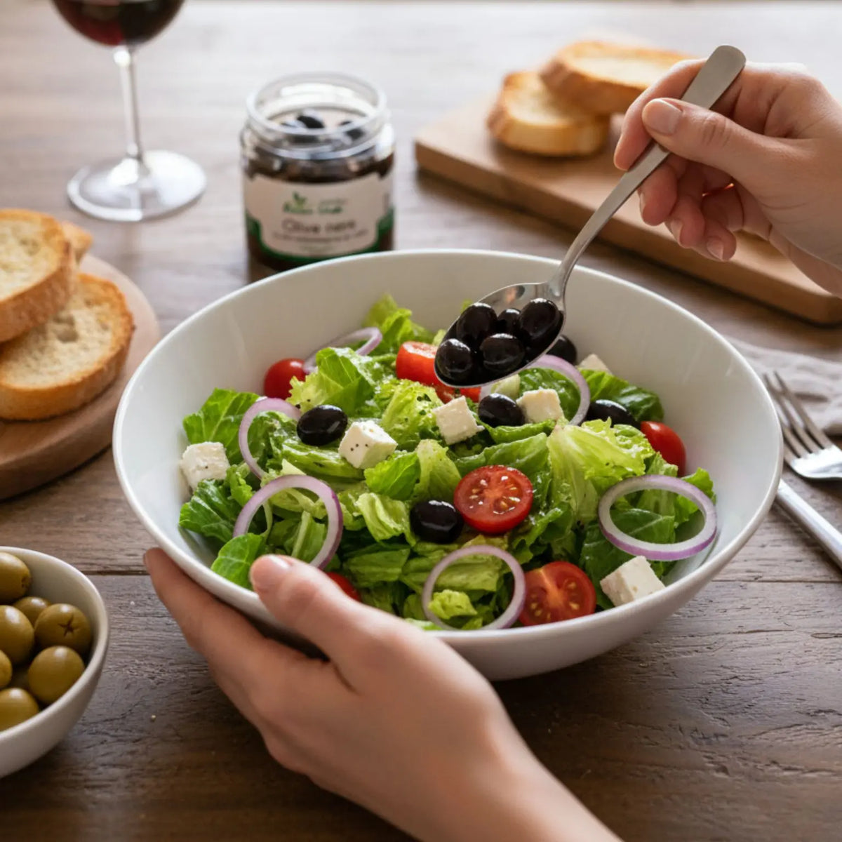 insalata greca con olive nere in olio extravergine di oliva, cipolla, feta e pomodorini 