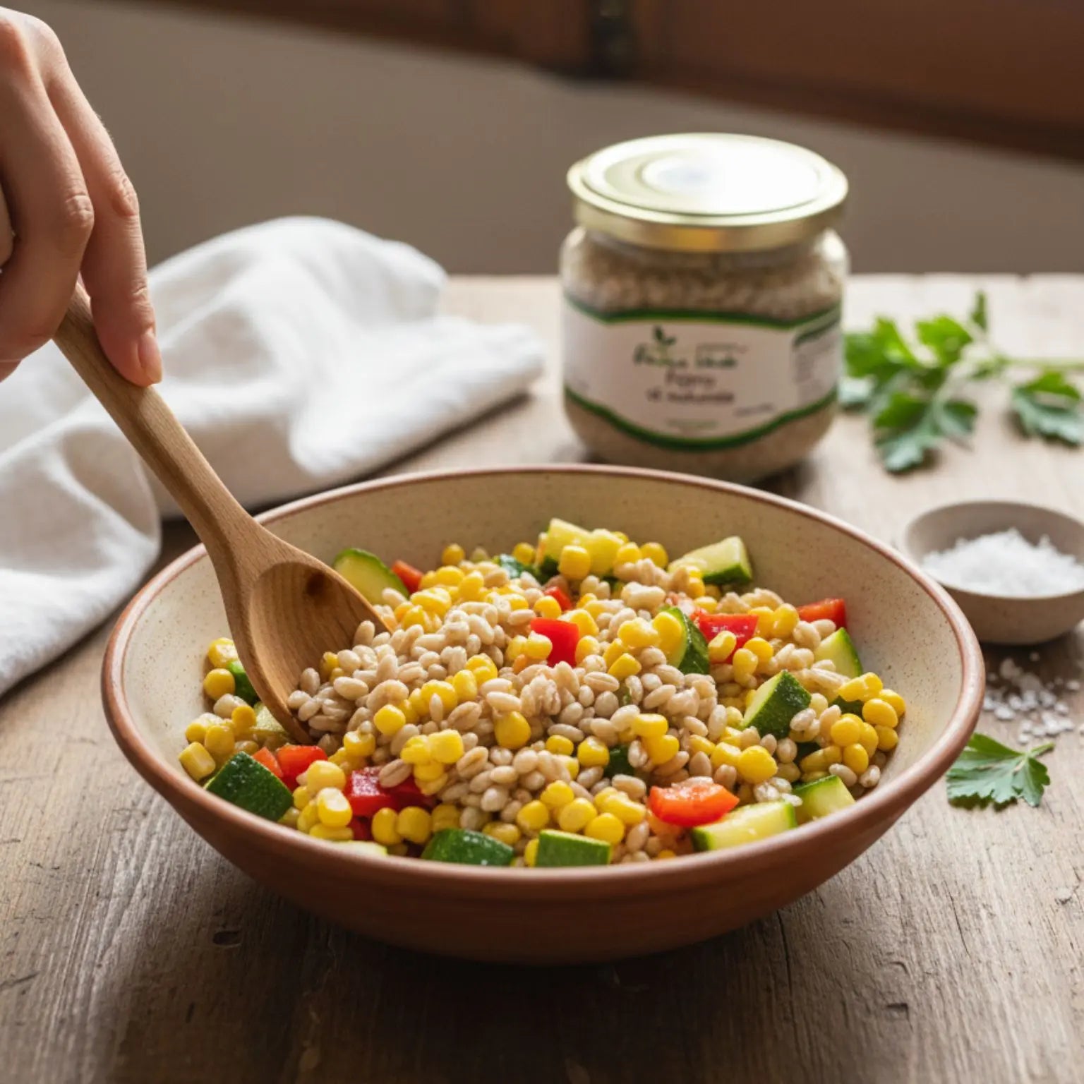 primo piatto di farro al naturale con zucchine, pomodorini e mais