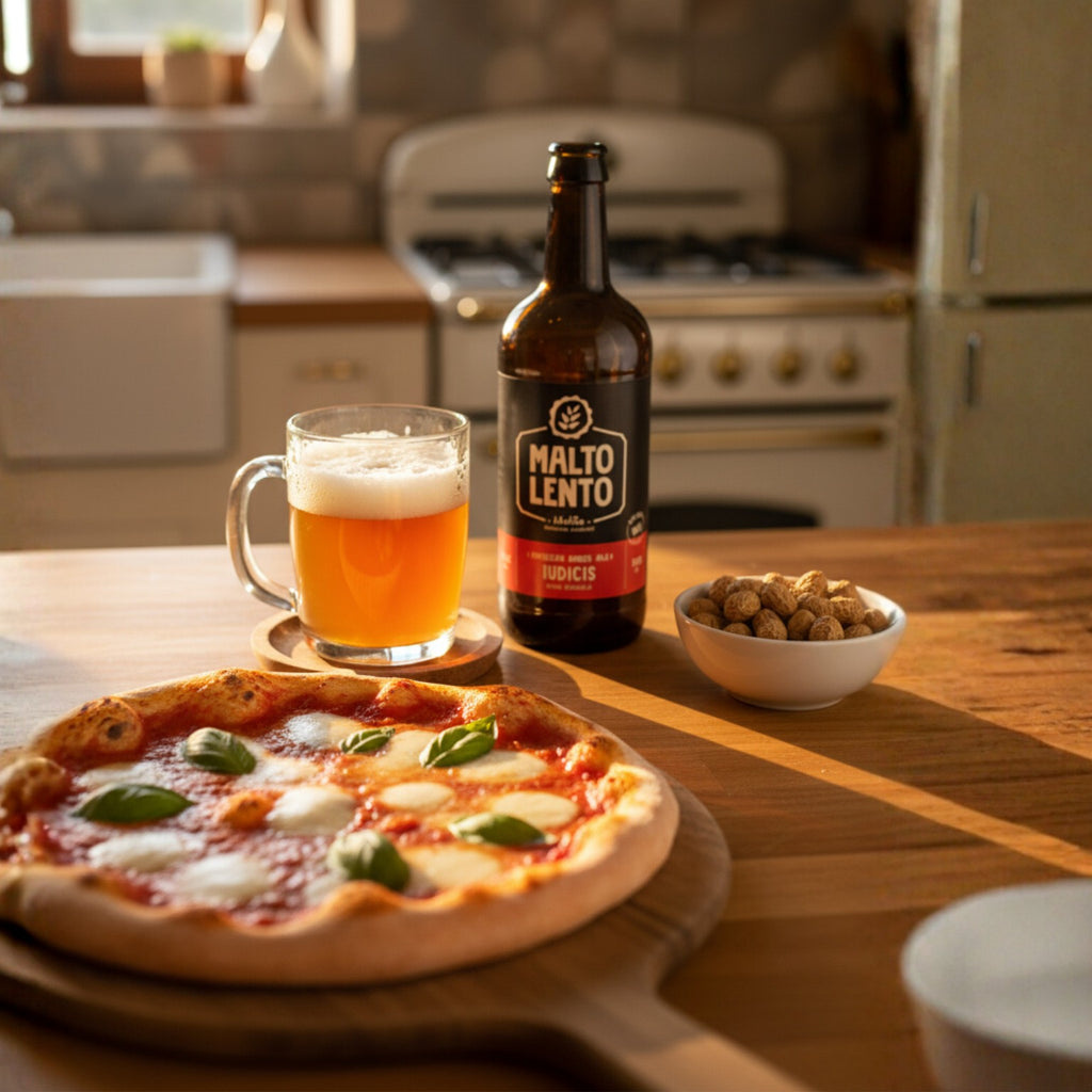 pizza fatta in casa accompagnata da una bottiglia di birra ambrata italiana