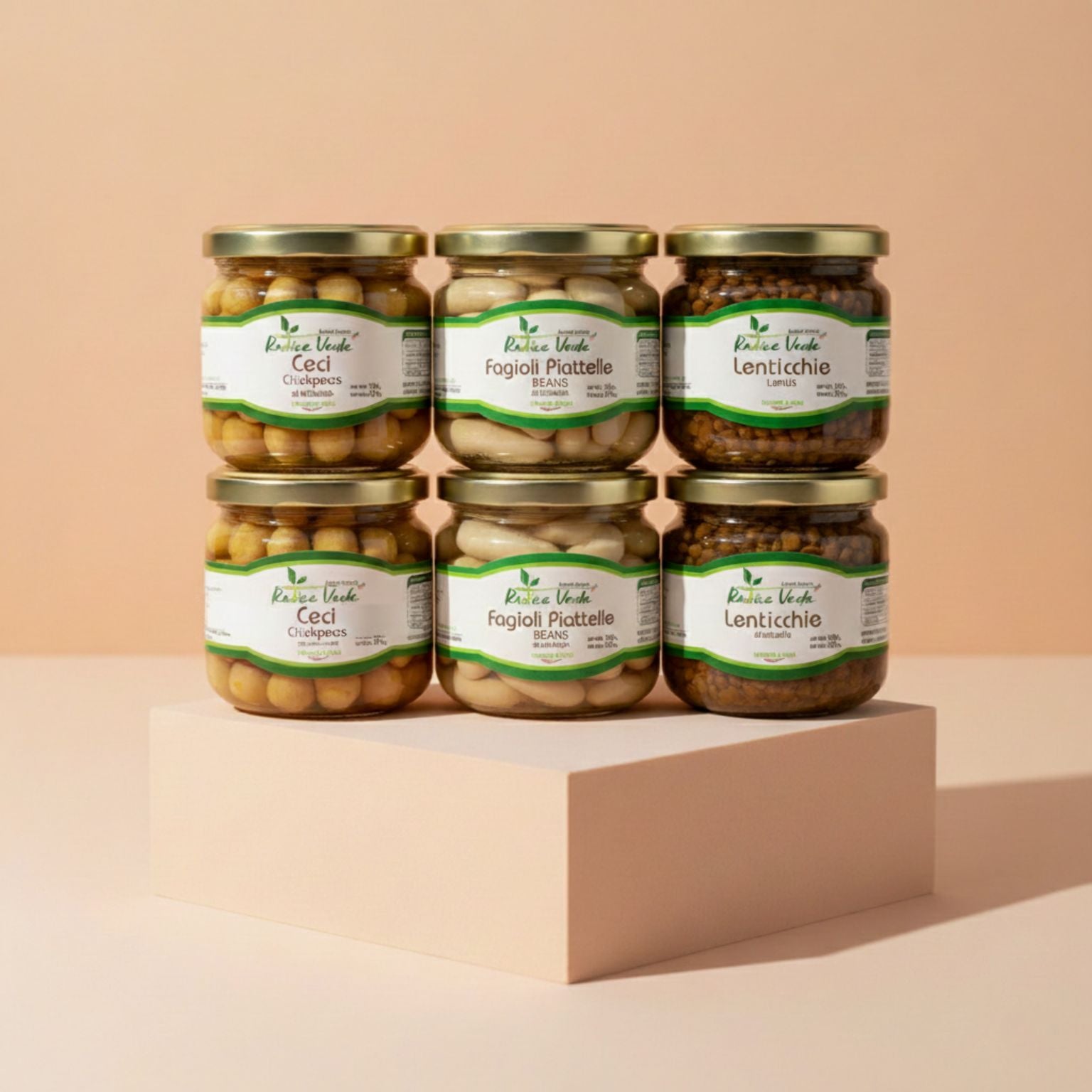 Box di legumi al naturale pronti da gustare. Due confezioni di ceci in vetro, due confezioni di fagioli piattelle in vetro, due confezioni di lenticchie in vetro conservati solo in acqua e sale