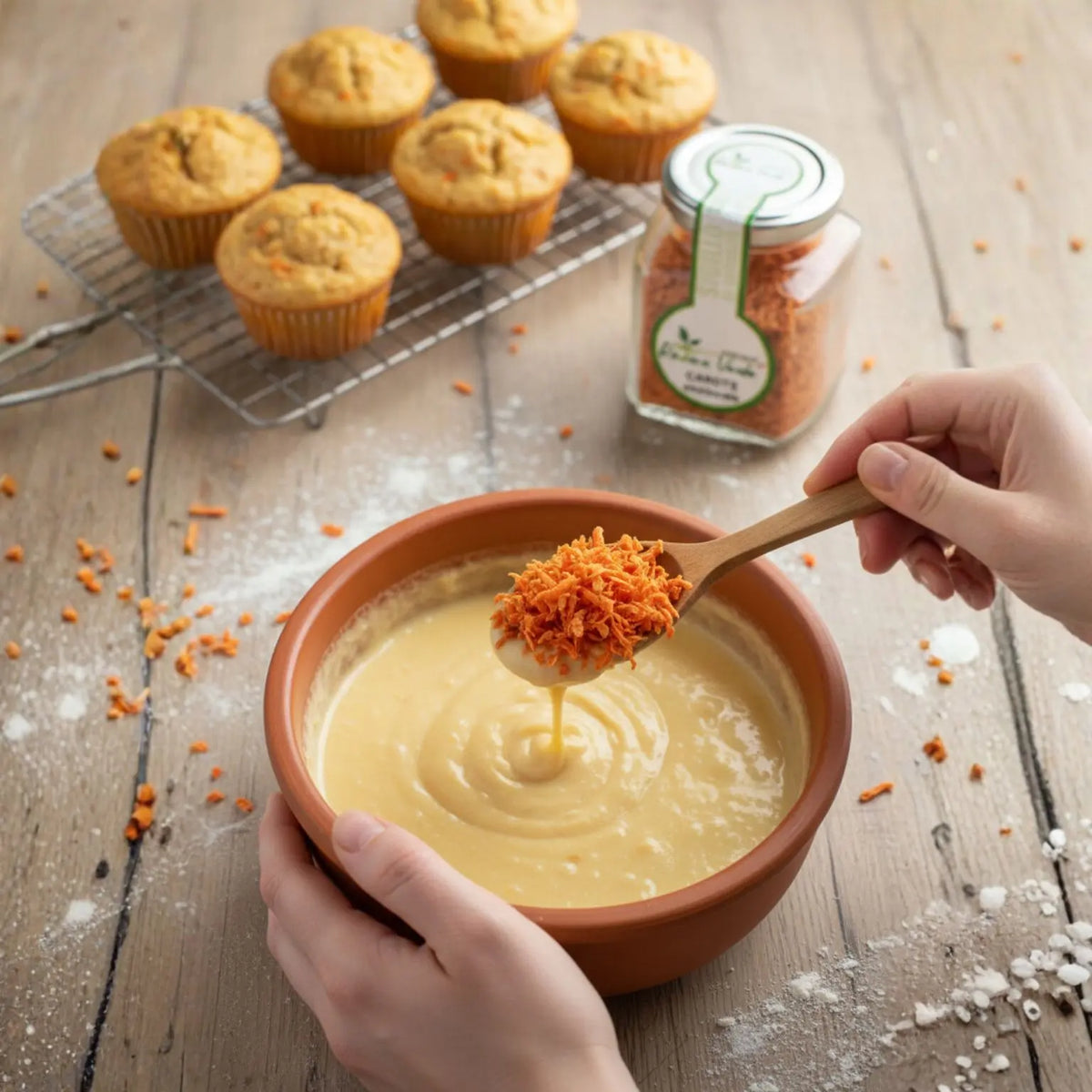 ricetta di muffina realizzati con carote essiccate coltivate in Italia da un produttore locale