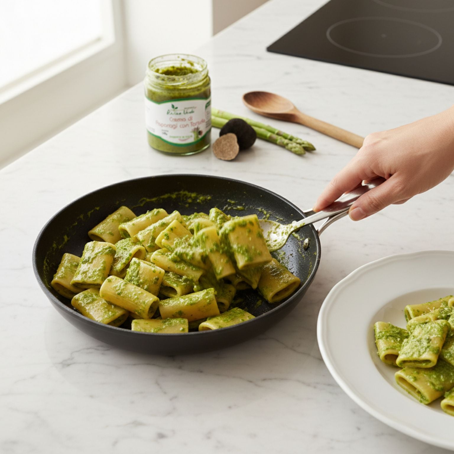 Rigatoni di grano duro senatore cappelli con crema di asparagi e tartufo nero estivo