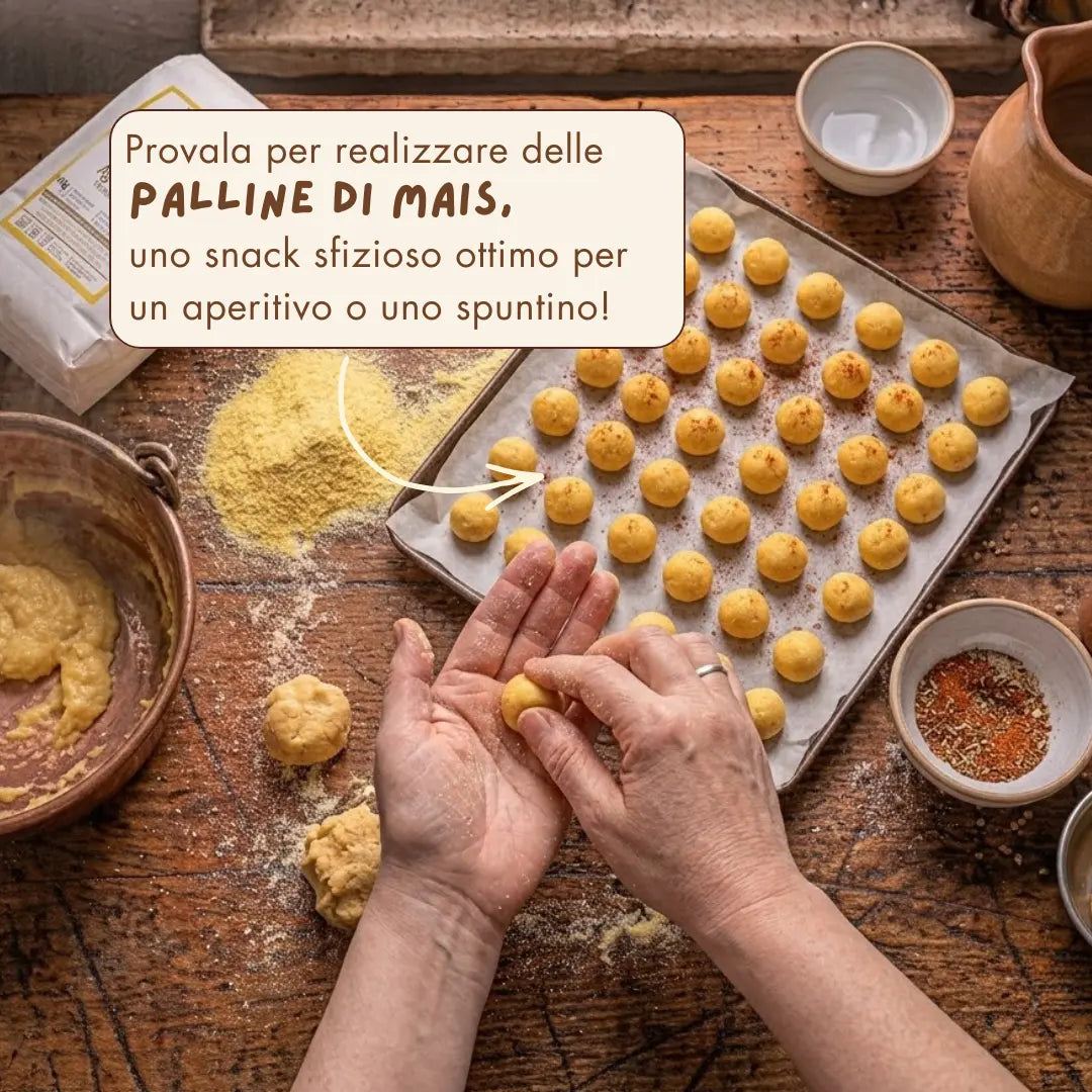 palline di mais realizzate con farina di mais Agostinello, ottime per aperitivo con gli amici o come spuntino.