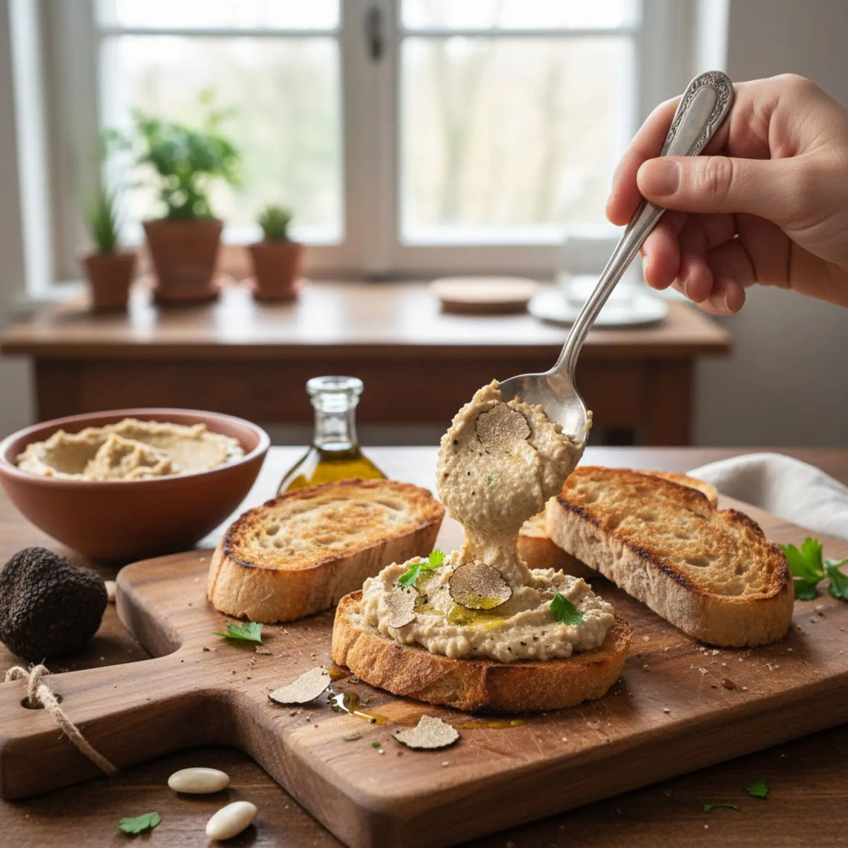 bruschette di pane con crema di fagioli e tartufo nero da spalmare