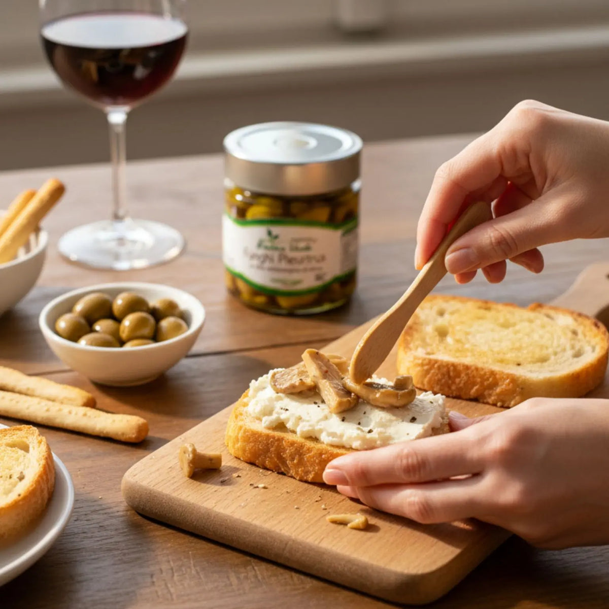 aperitivo con bruschette di pane artigianale, formaggio vegetale, funghi pleurotus realizzati in Italia e spolverata di pepe nero
