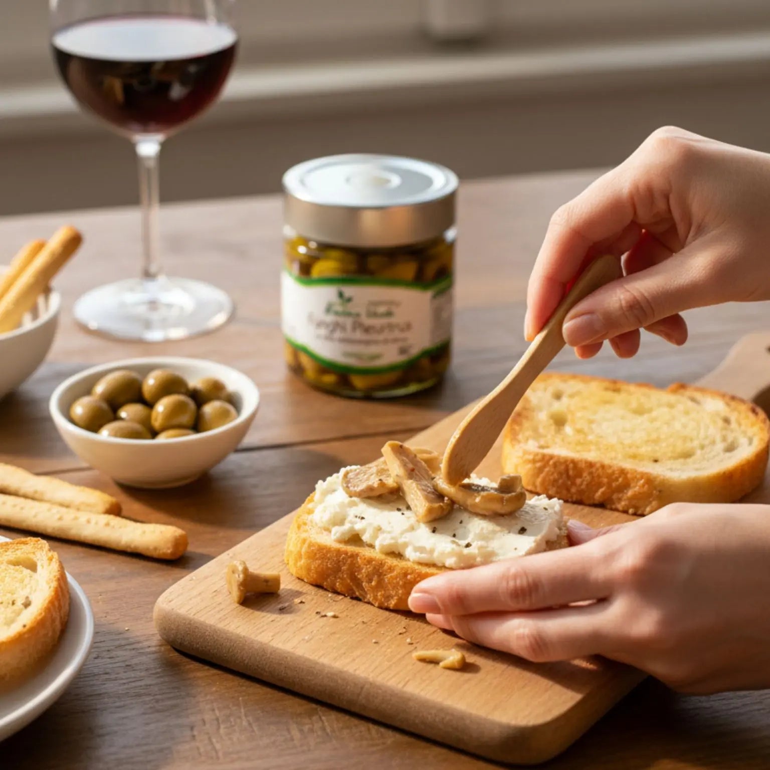 aperitivo con bruschette di pane artigianale, formaggio vegetale, funghi pleurotus realizzati in Italia e spolverata di pepe nero