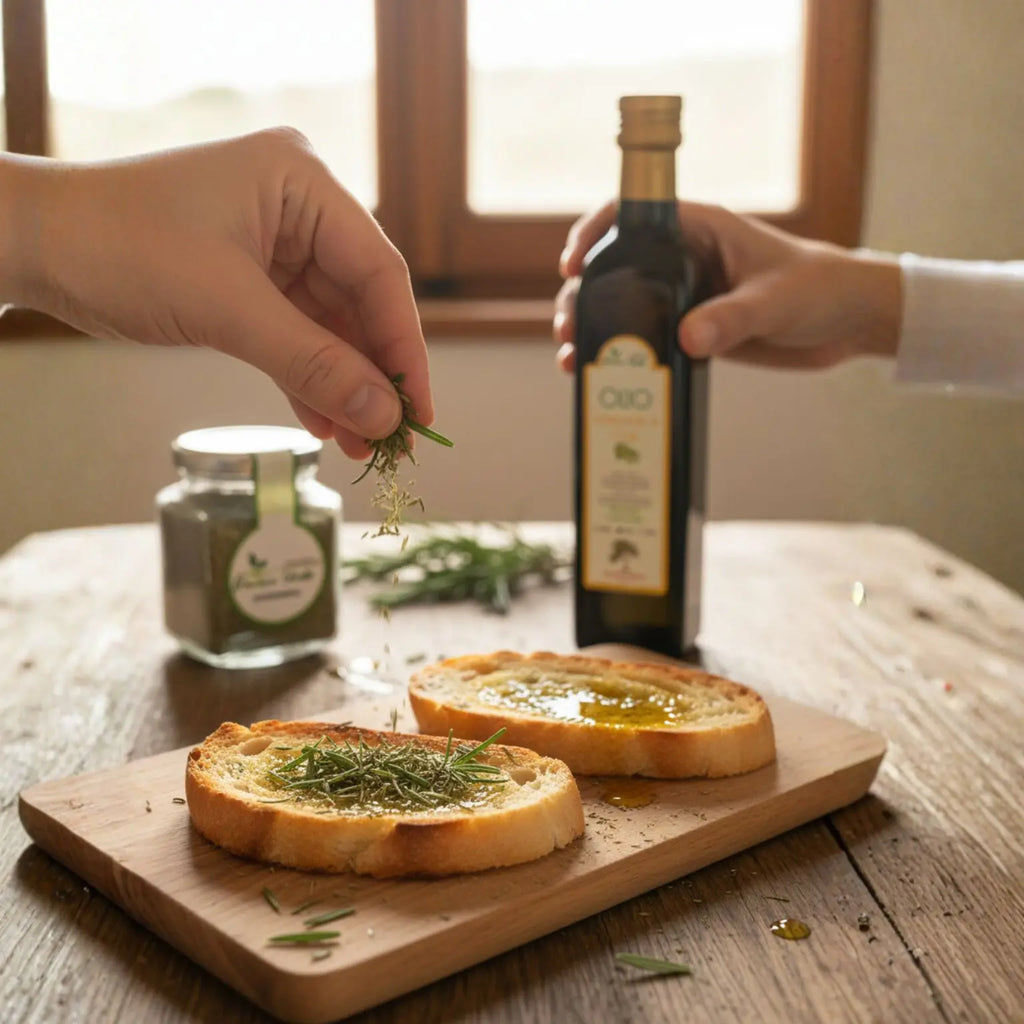 bruschetta di pane artigianale con olio extravergine di oliva e rosmarino coltivato in Italia